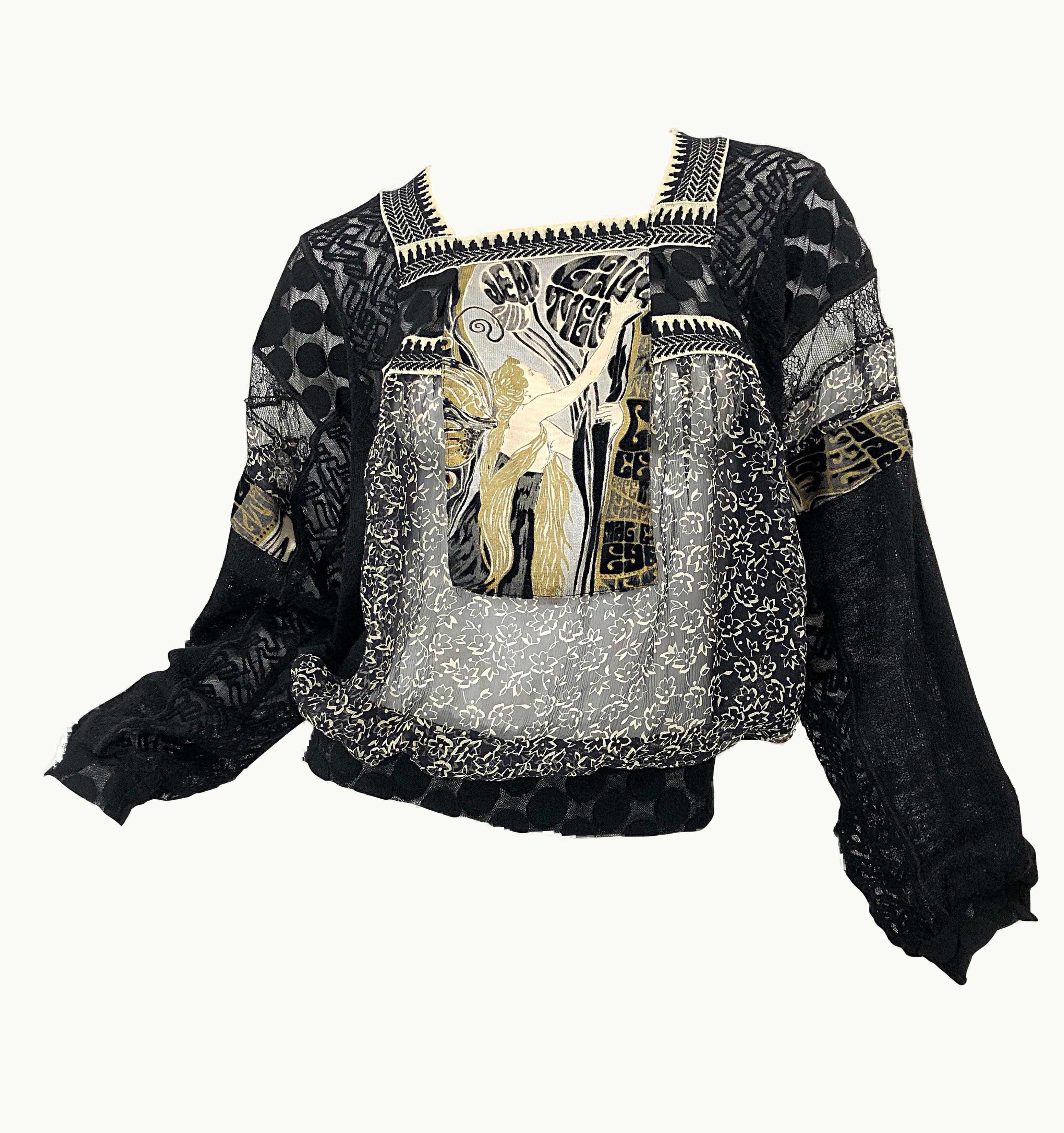 Jean-Paul Gaultier 1990s Jean Paul Gaultier Hand Painted Rapunzel Print Black Vintage Sheer Shirt