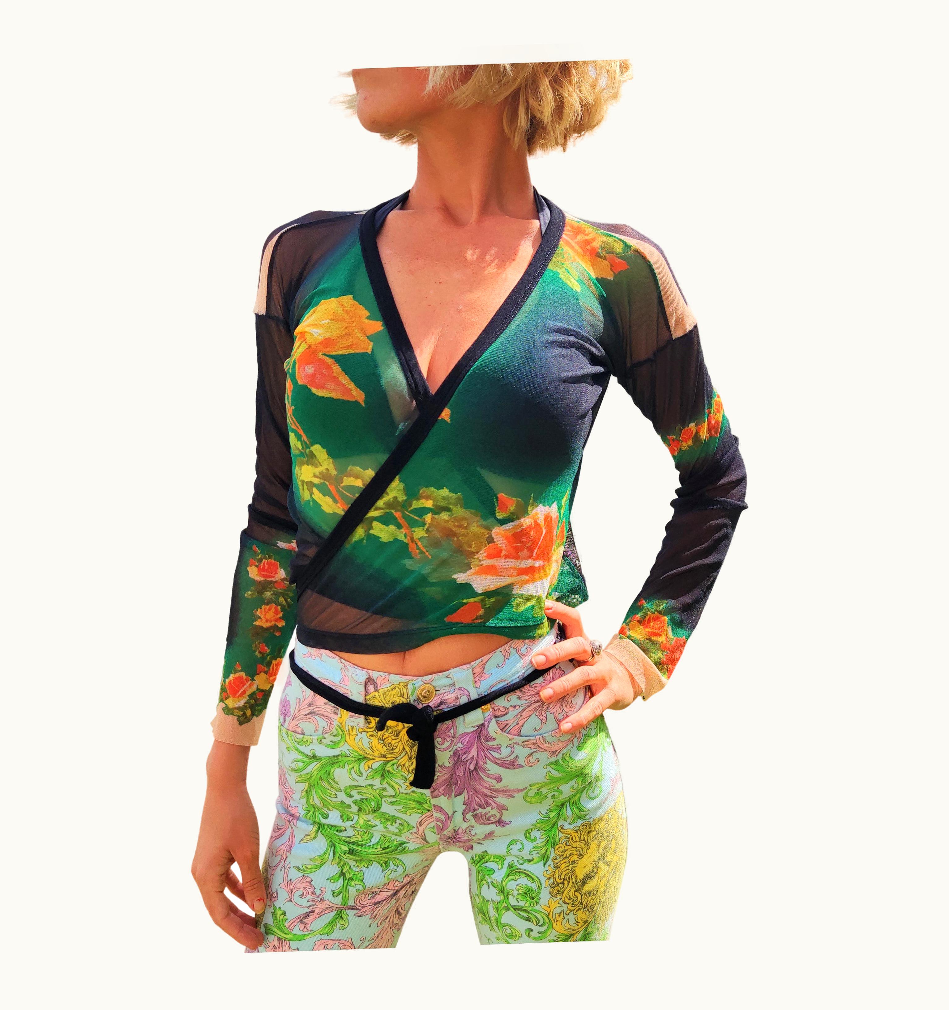 Jean-Paul Gaultier Jean Paul Gaultier Supreme Rose Roses Floral Mesh Transparent Wrap Tee Top
