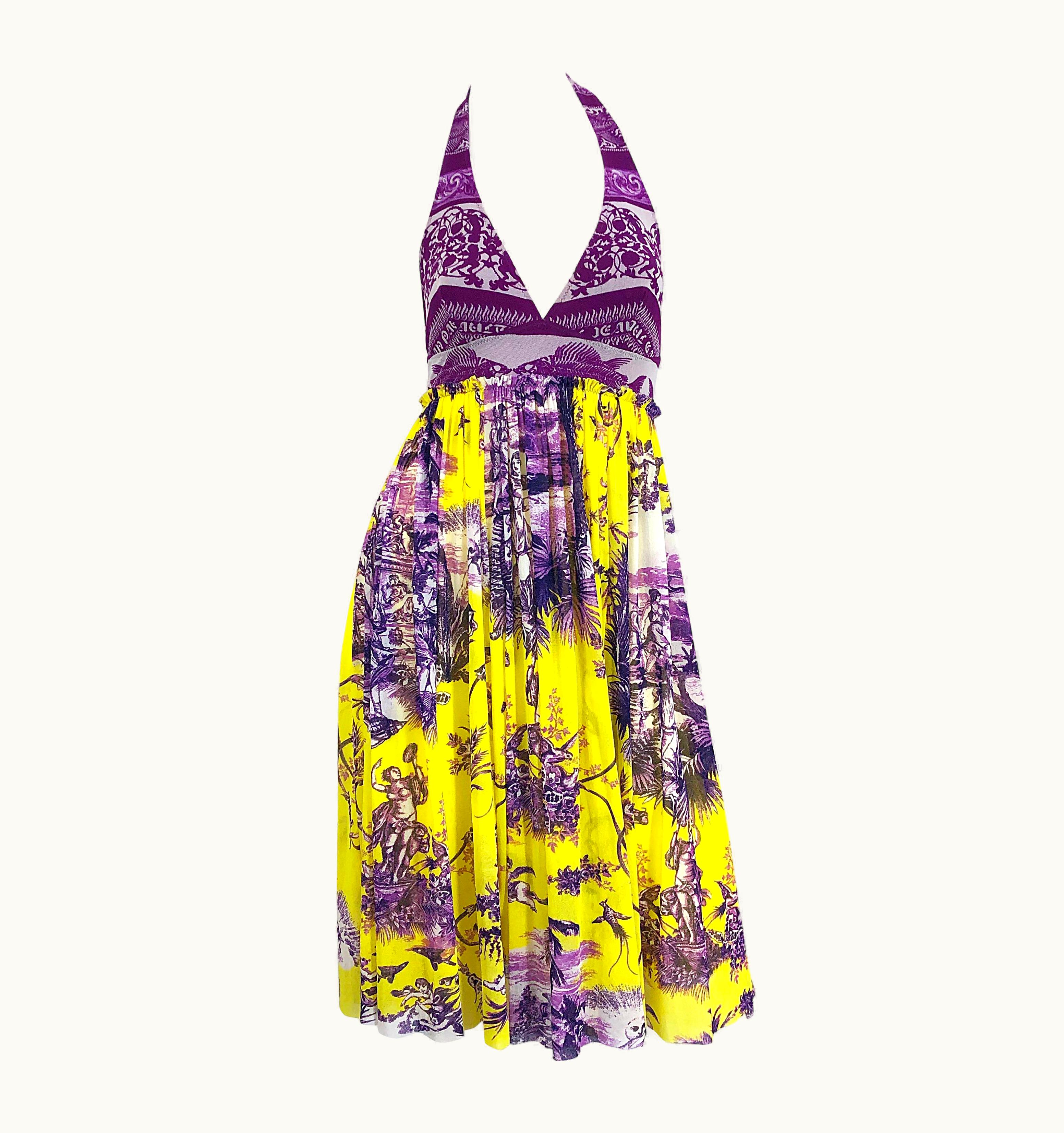 Jean-Paul Gaultier 1990s Jean Paul Gaultier Cherub Print Yellow And Purple Vintage Halter Dress