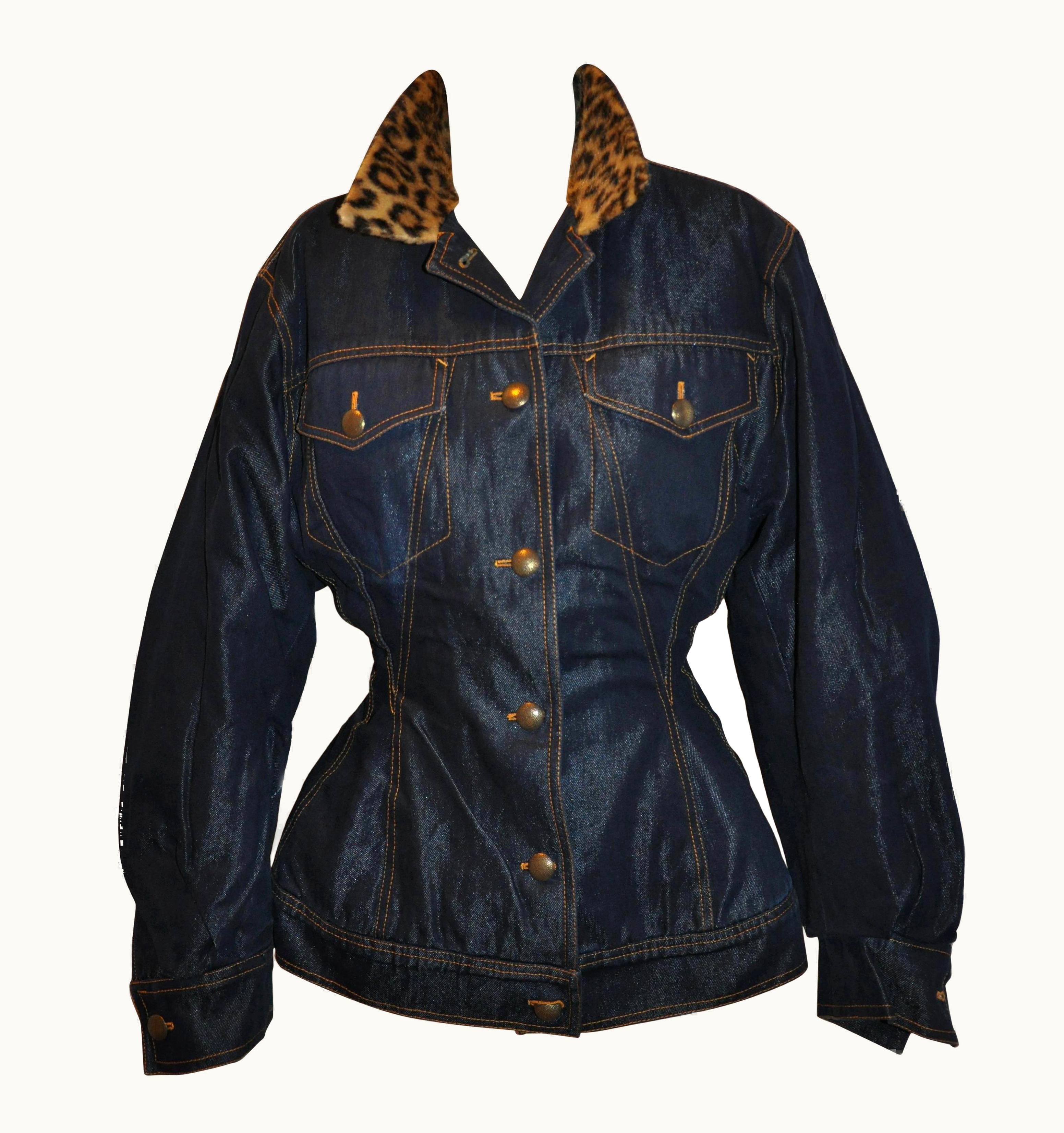 Jean-Paul Gaultier Rare Jean Paul Gaultier Sculpted Denim Jacket With Leopard Collar Button Jacket