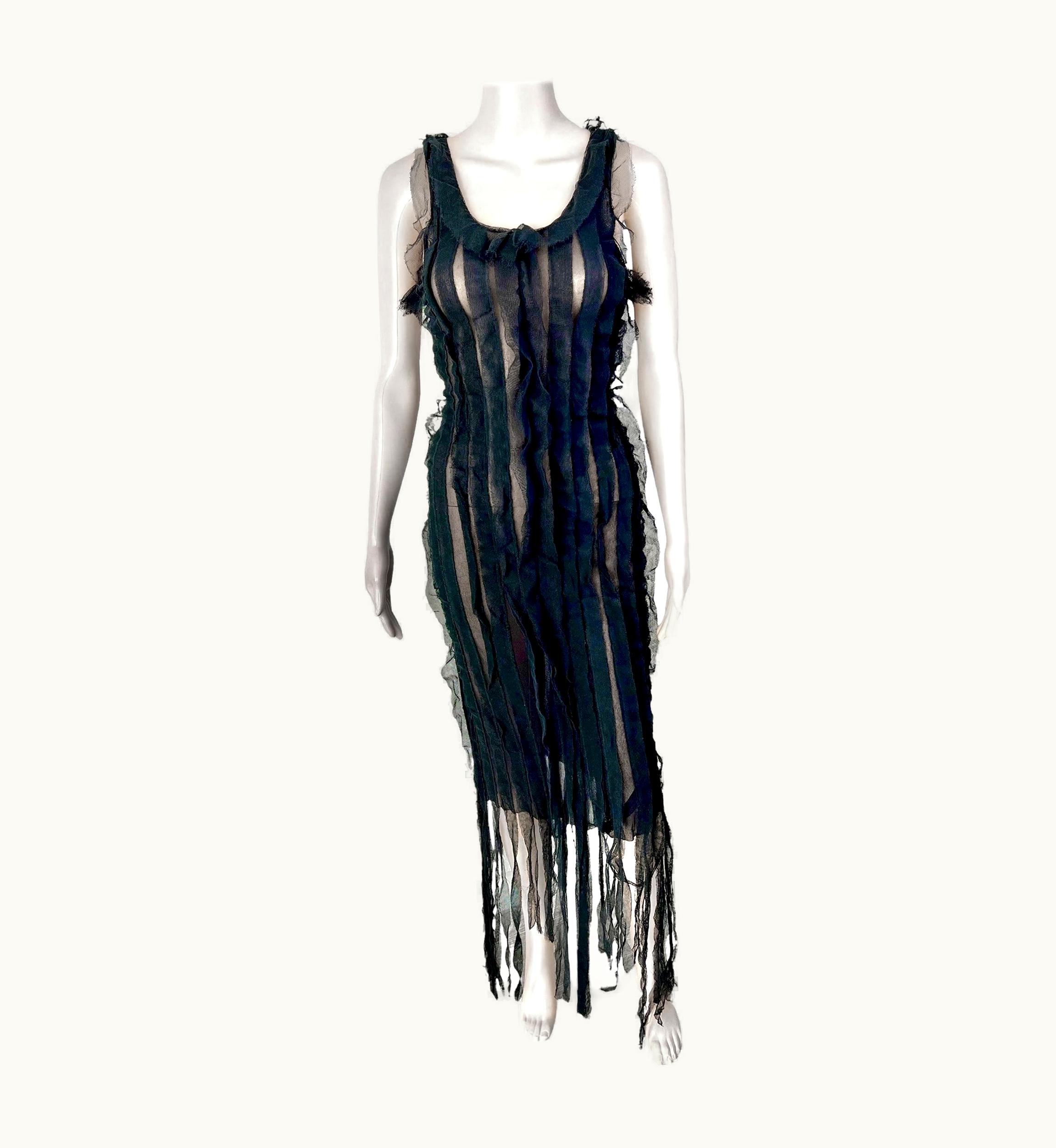 Jean-Paul Gaultier Jean Paul Gaultier S/S 2002 Vintage Semi-Sheer Fringe Mesh Black Dress