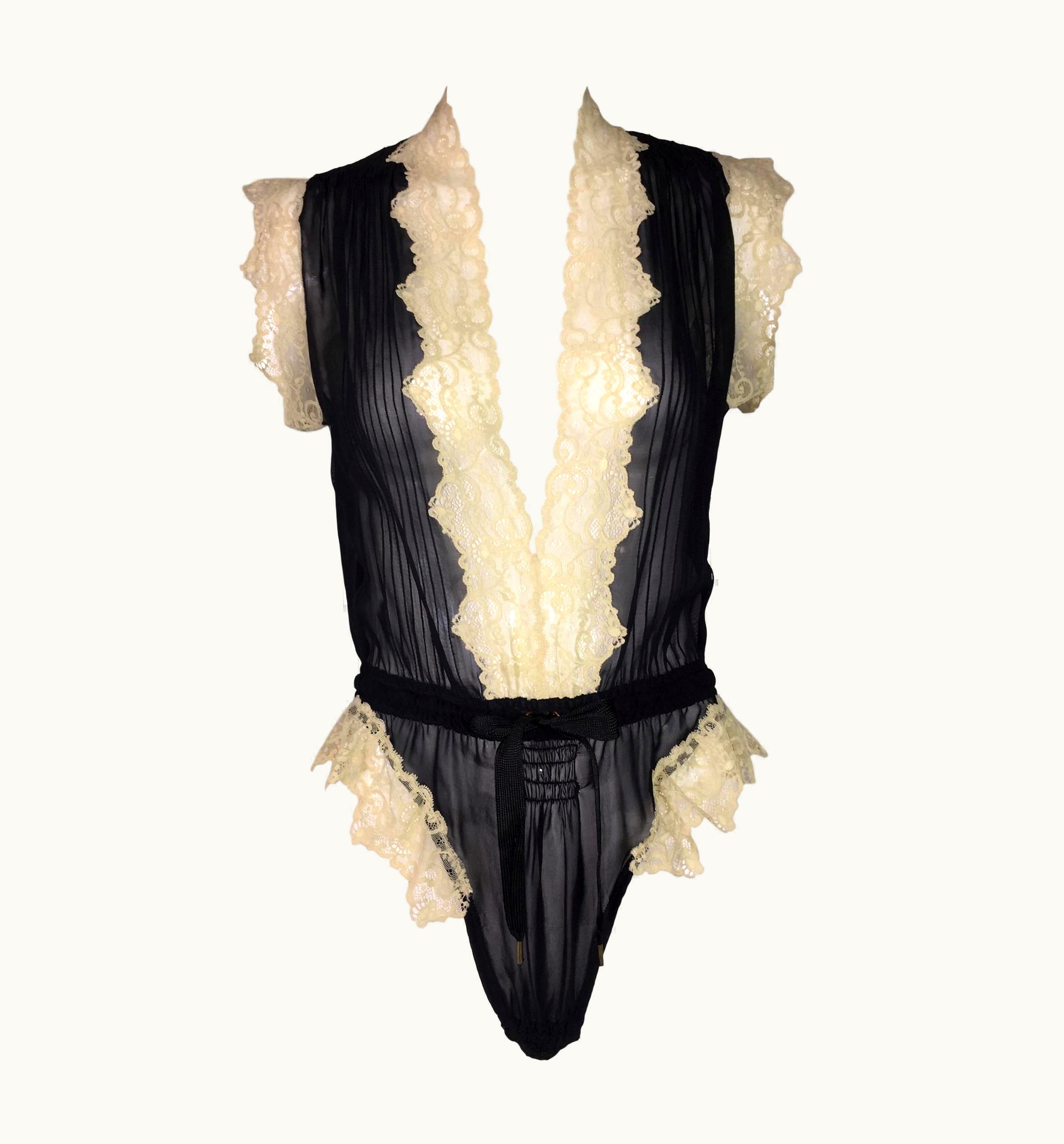 Jean-Paul Gaultier Nwt 1980' Jean Paul Gaultier Femme Sheer Black Plunging Lace Bodysuit Top