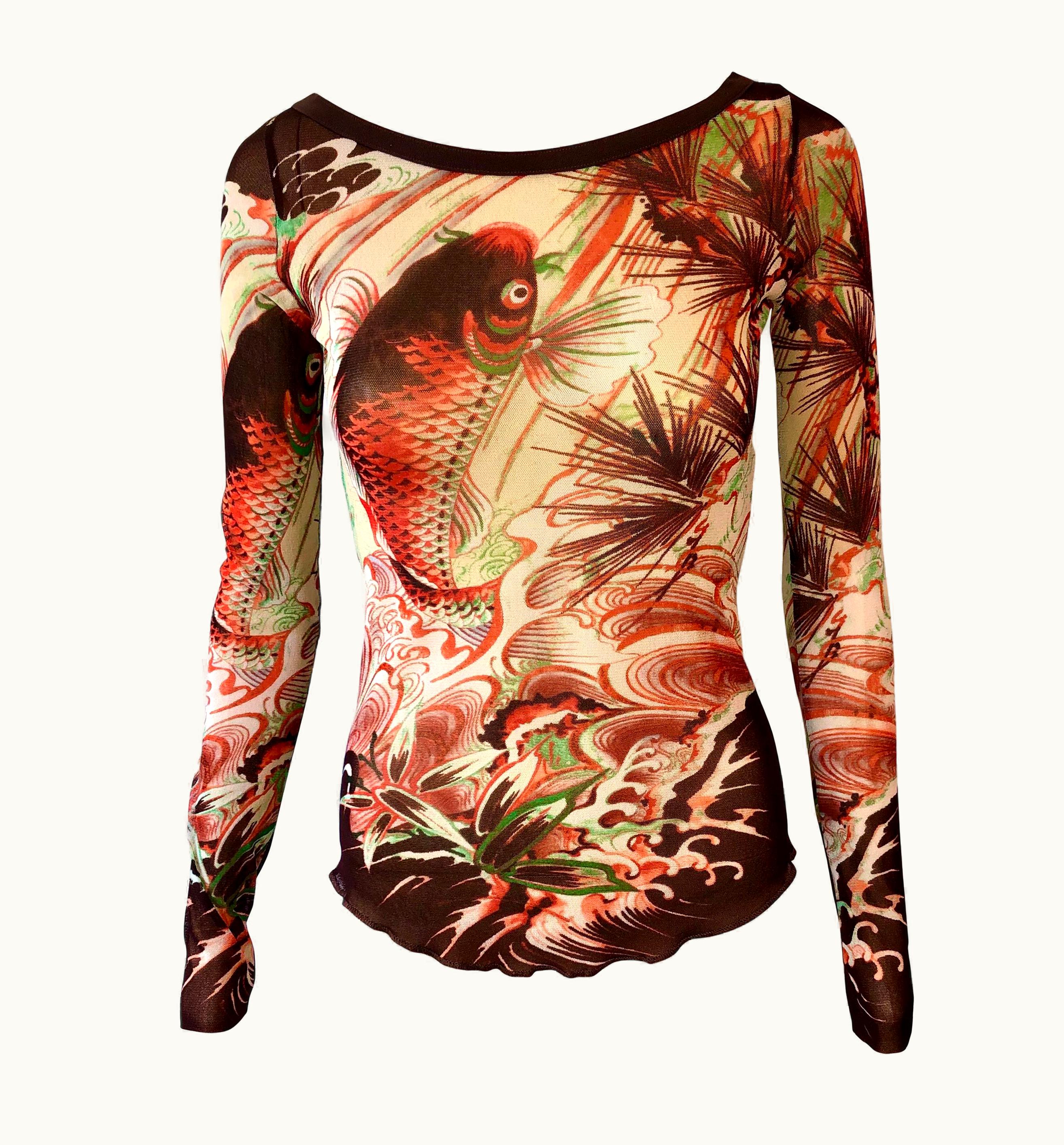 Jean-Paul Gaultier Jean Paul Gaultier Soleil Vintage Japanese Koi Fish Tattoo Print Sheer Mesh Top