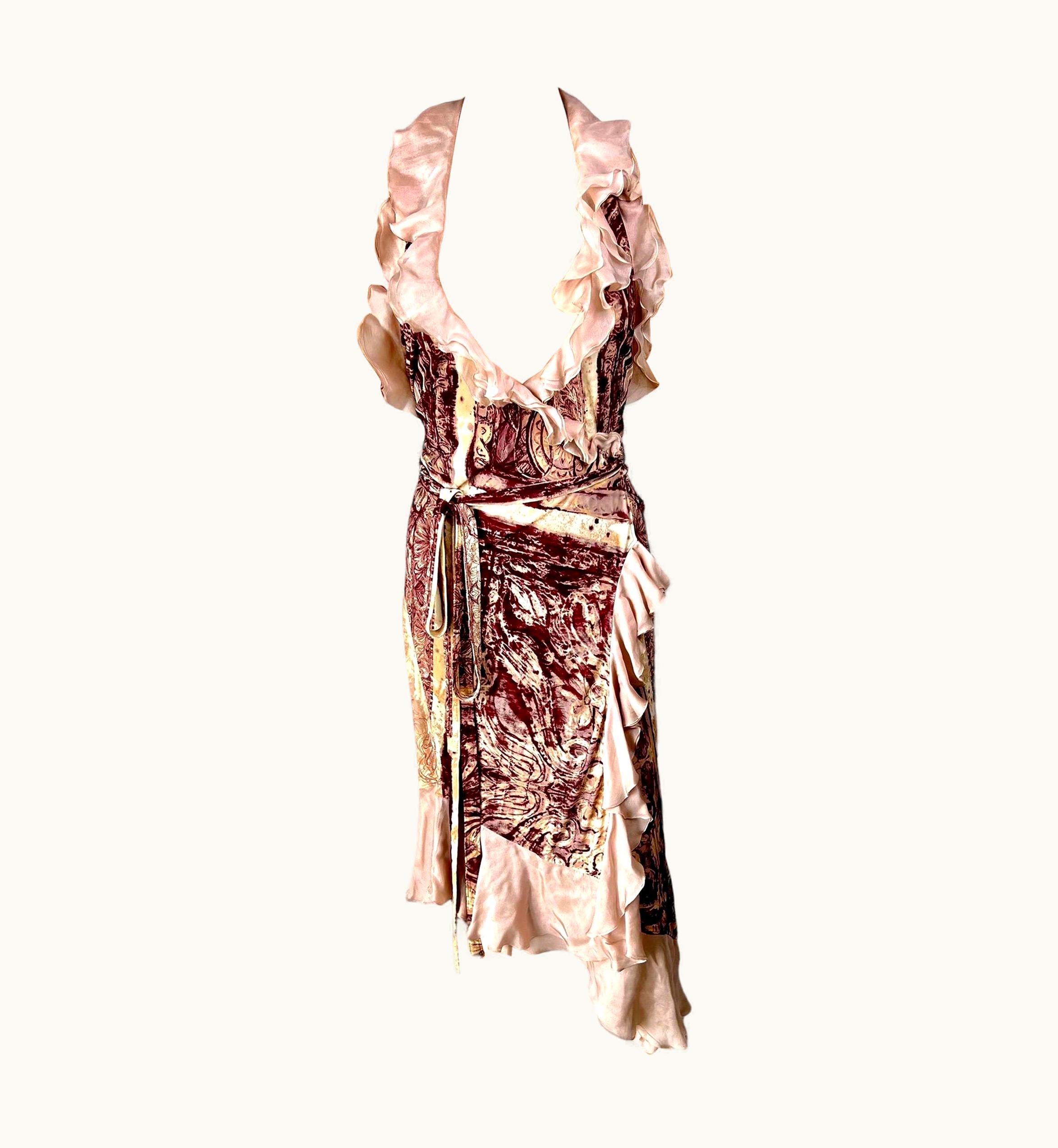 Jean-Paul Gaultier Jean Paul Gaultier AW 2004 Plunged Wrap Backless Abstract Print Midi Dress