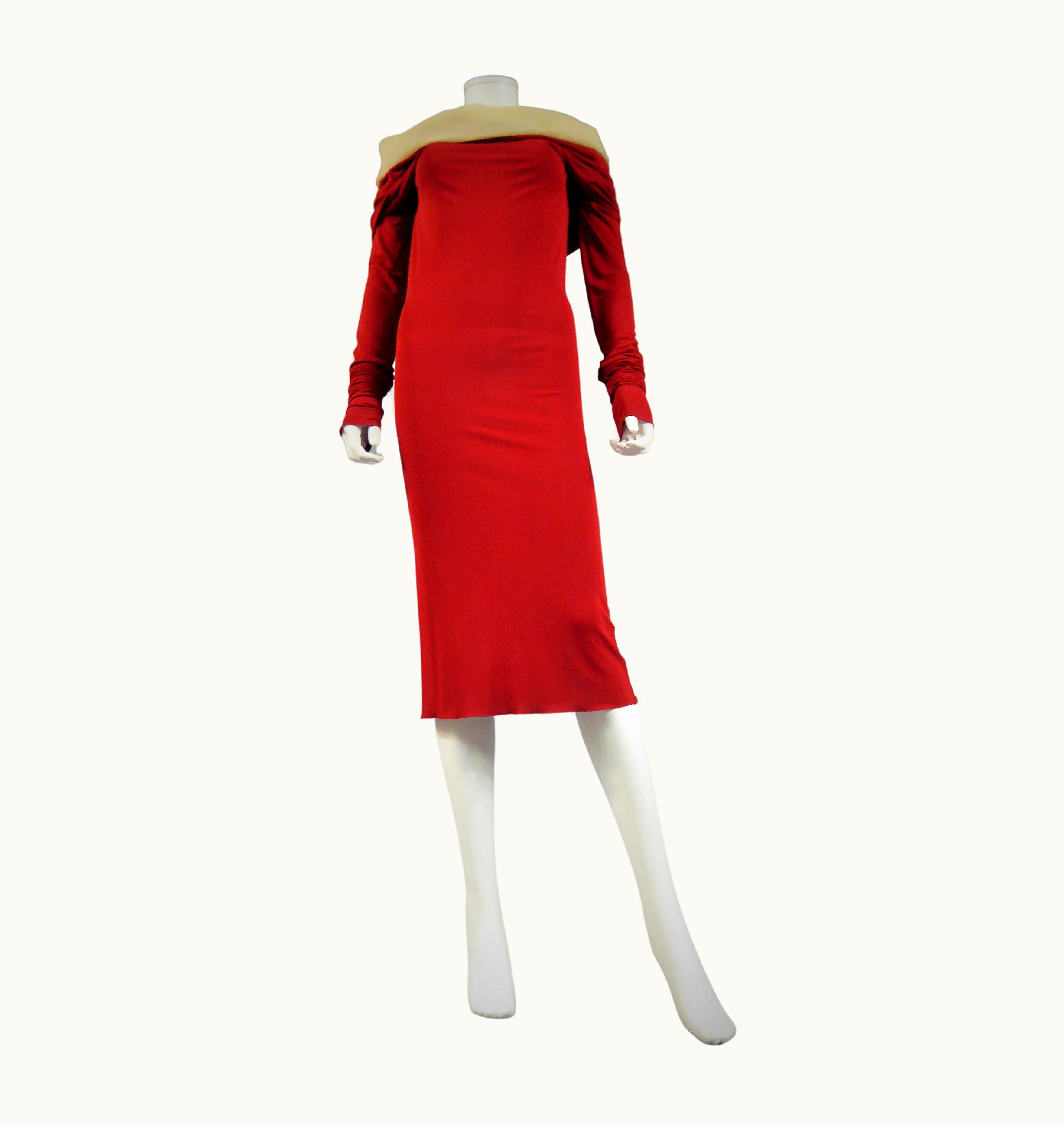 Jean-Paul Gaultier Jean Paul Gaultier Long Red Jersey Knit And Chiffon Dress, French Circa 1990