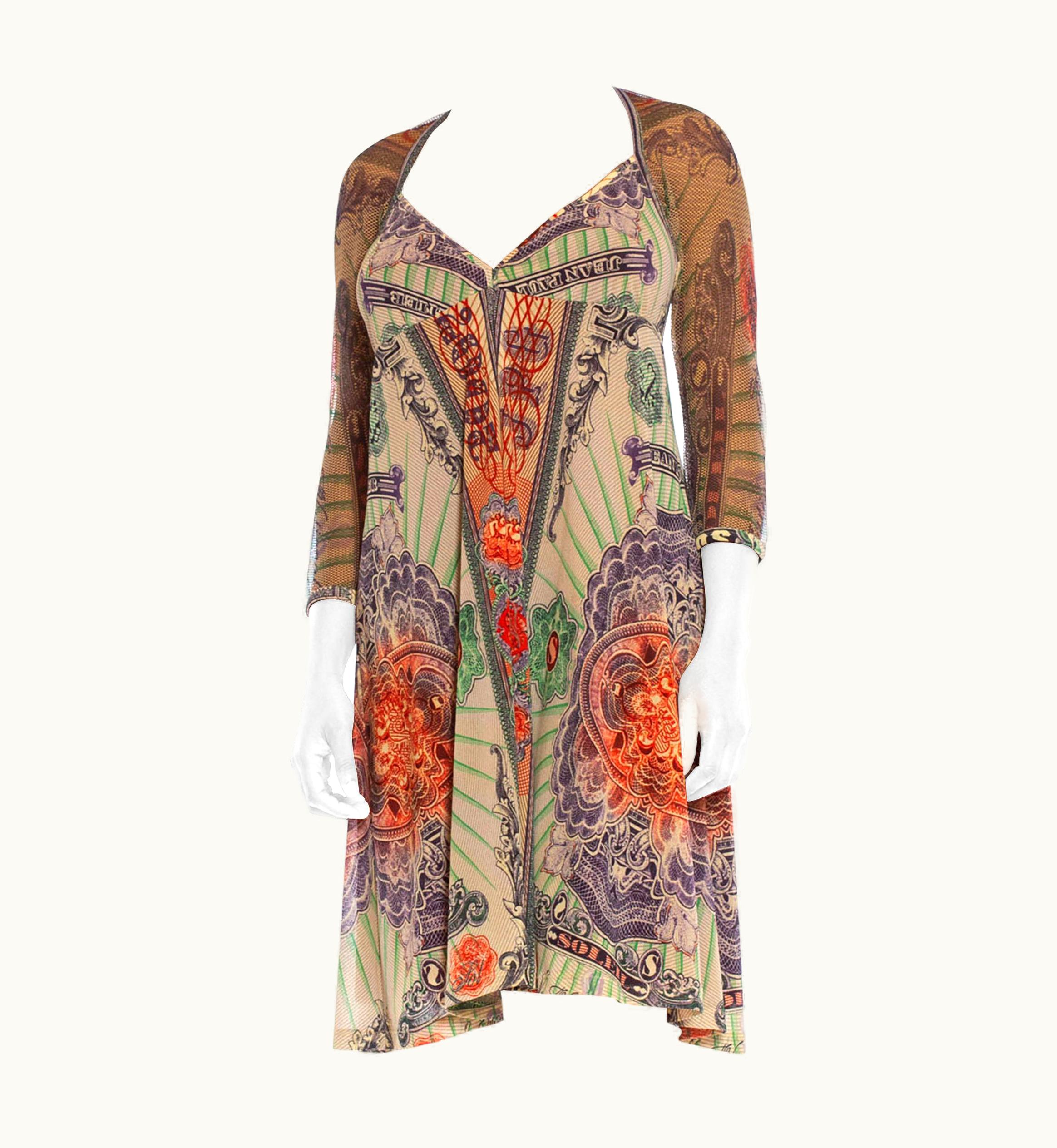 Jean-Paul Gaultier 1990s Jean Paul Gaultier Poly/Lycra Mesh Iconic Money Print Backless Dress With
