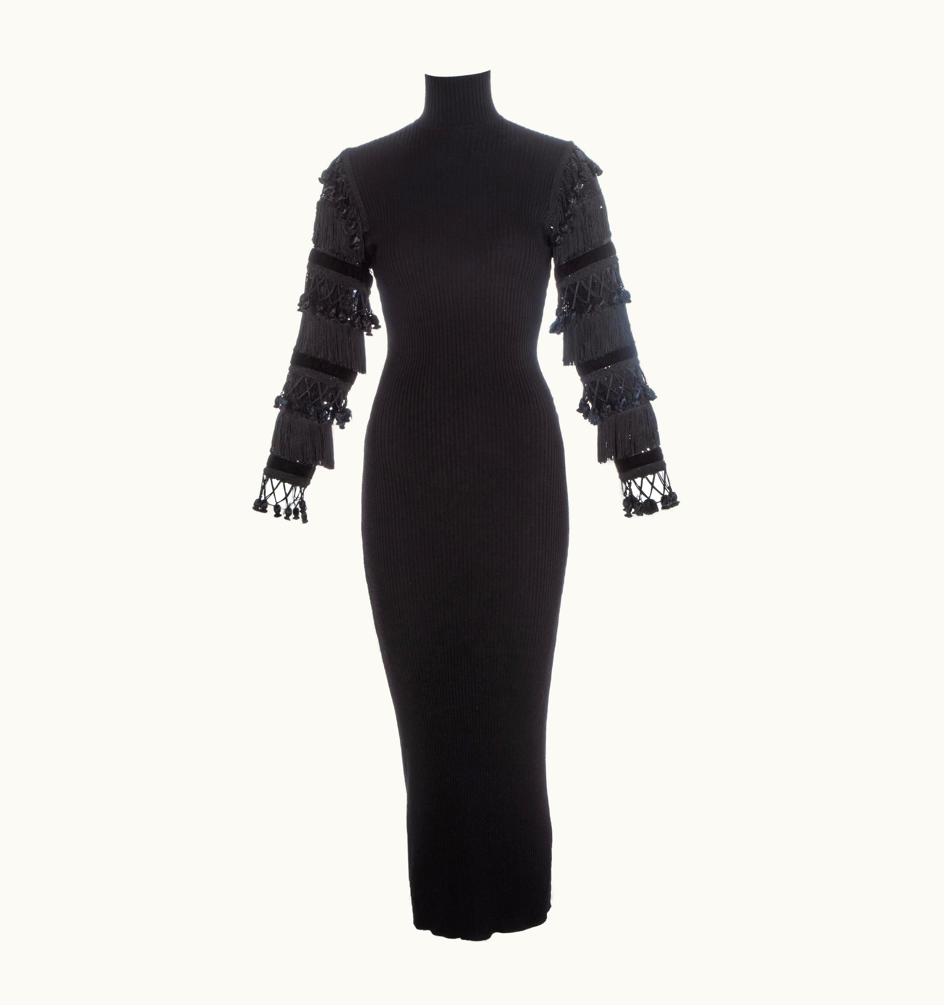 Jean-Paul Gaultier Jean Paul Gaultier Black Wool Dress With Tasseled And Sequin Sleeves, AW 1985