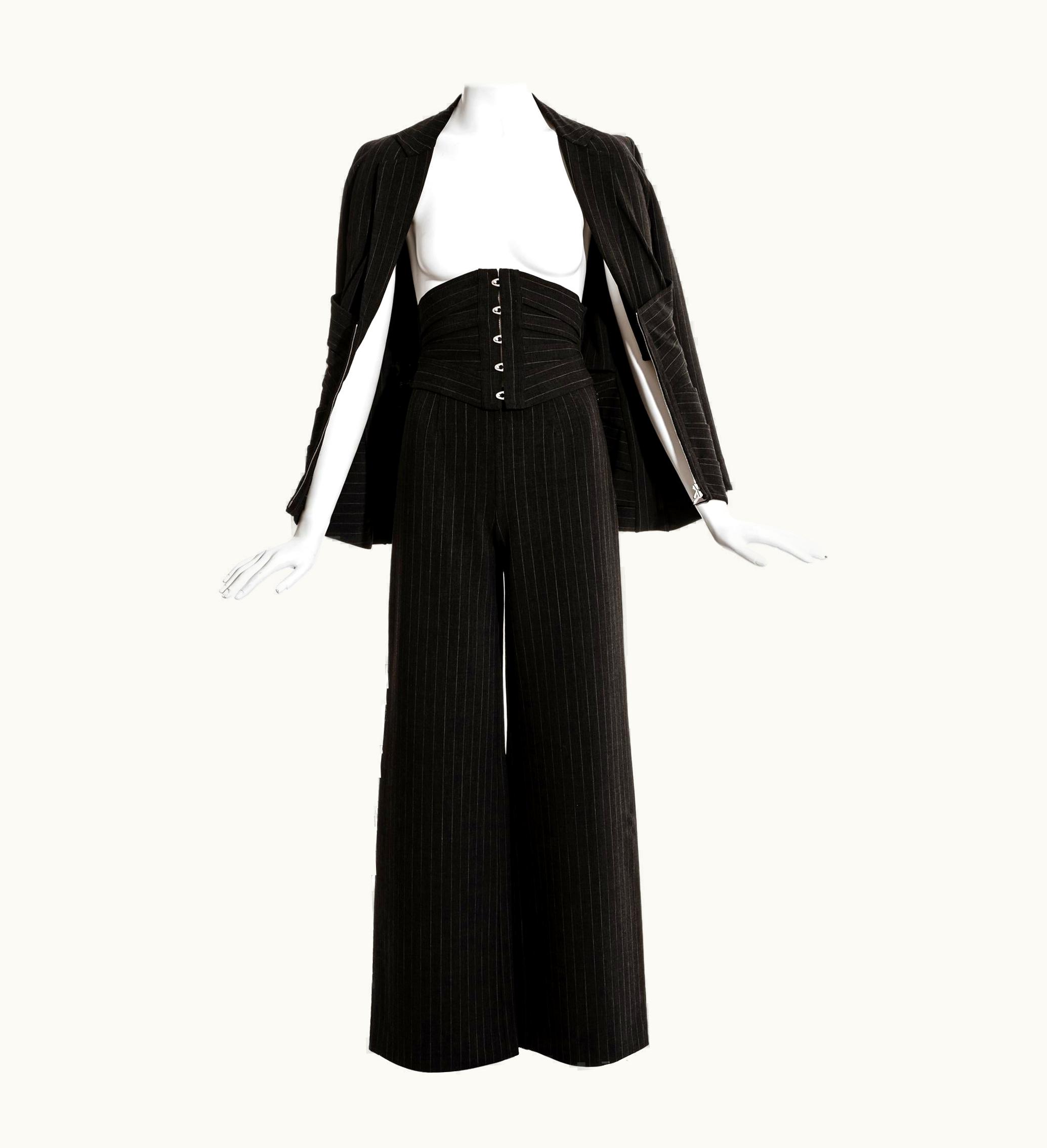 Jean-Paul Gaultier Jean Paul Gaultier Grey Pinstripe Wool Three Piece Corseted Pant Suit, C. 2000s
