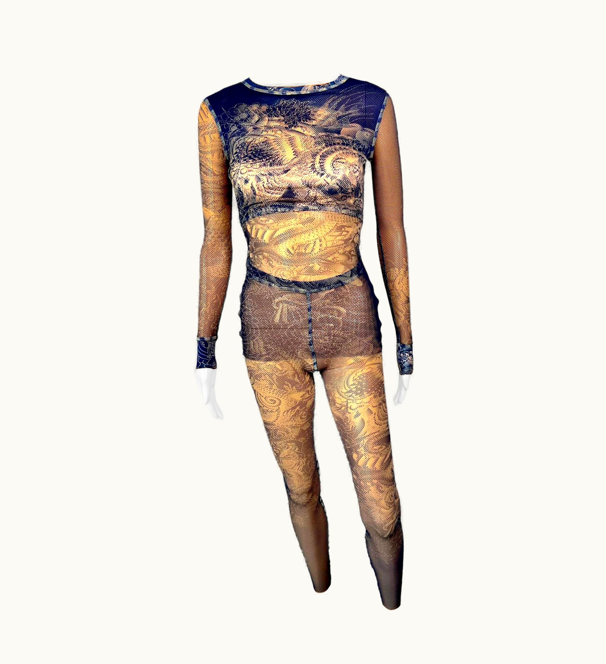 Jean-Paul Gaultier Jean Paul Gaultier Tattoo Sheer Fishnet Mesh Top & Leggings Pants 2 Piece Set