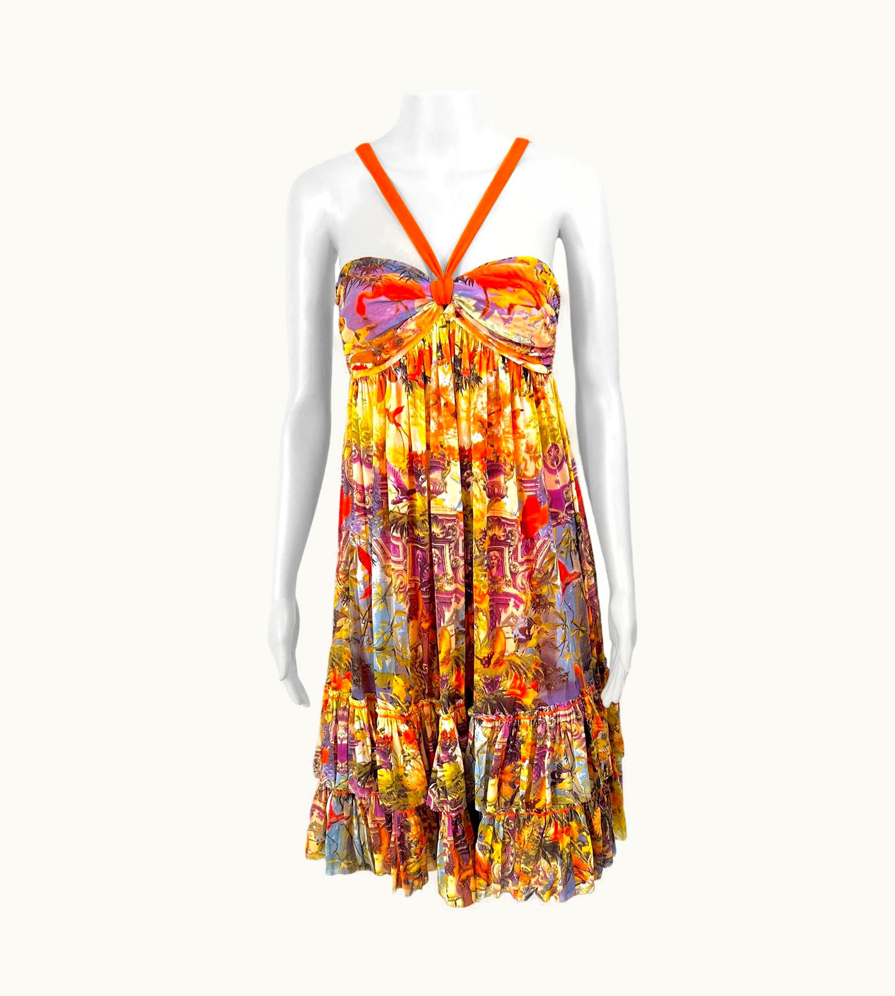Jean-Paul Gaultier Jean Paul Gaultier Soleil Tropical Flamingo Print Halter Ruffled Dress