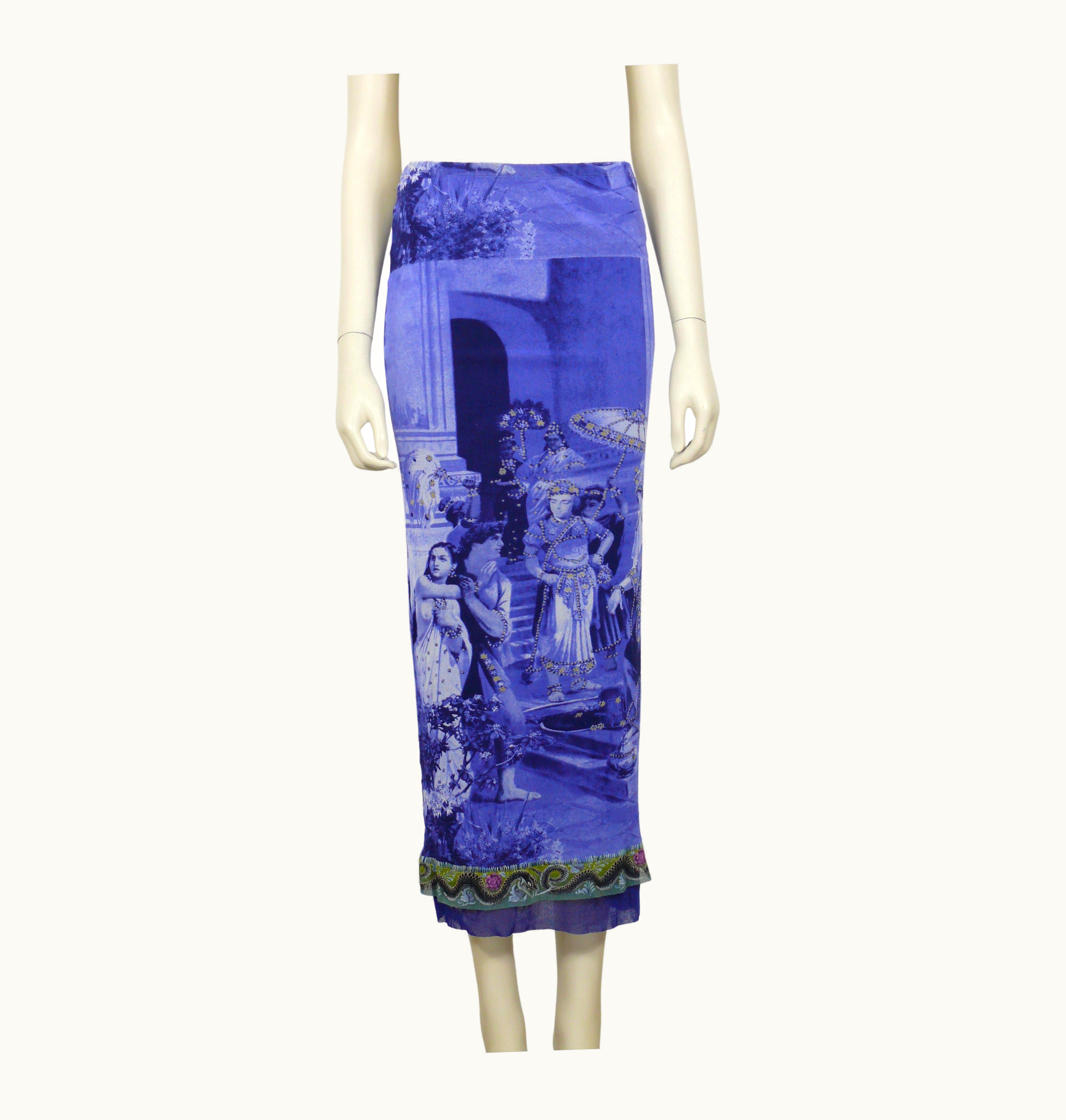 Jean-Paul Gaultier Jean Paul Gaultier Vintage Blue Oriental Print Fuzzi Mesh Maxi Skirt