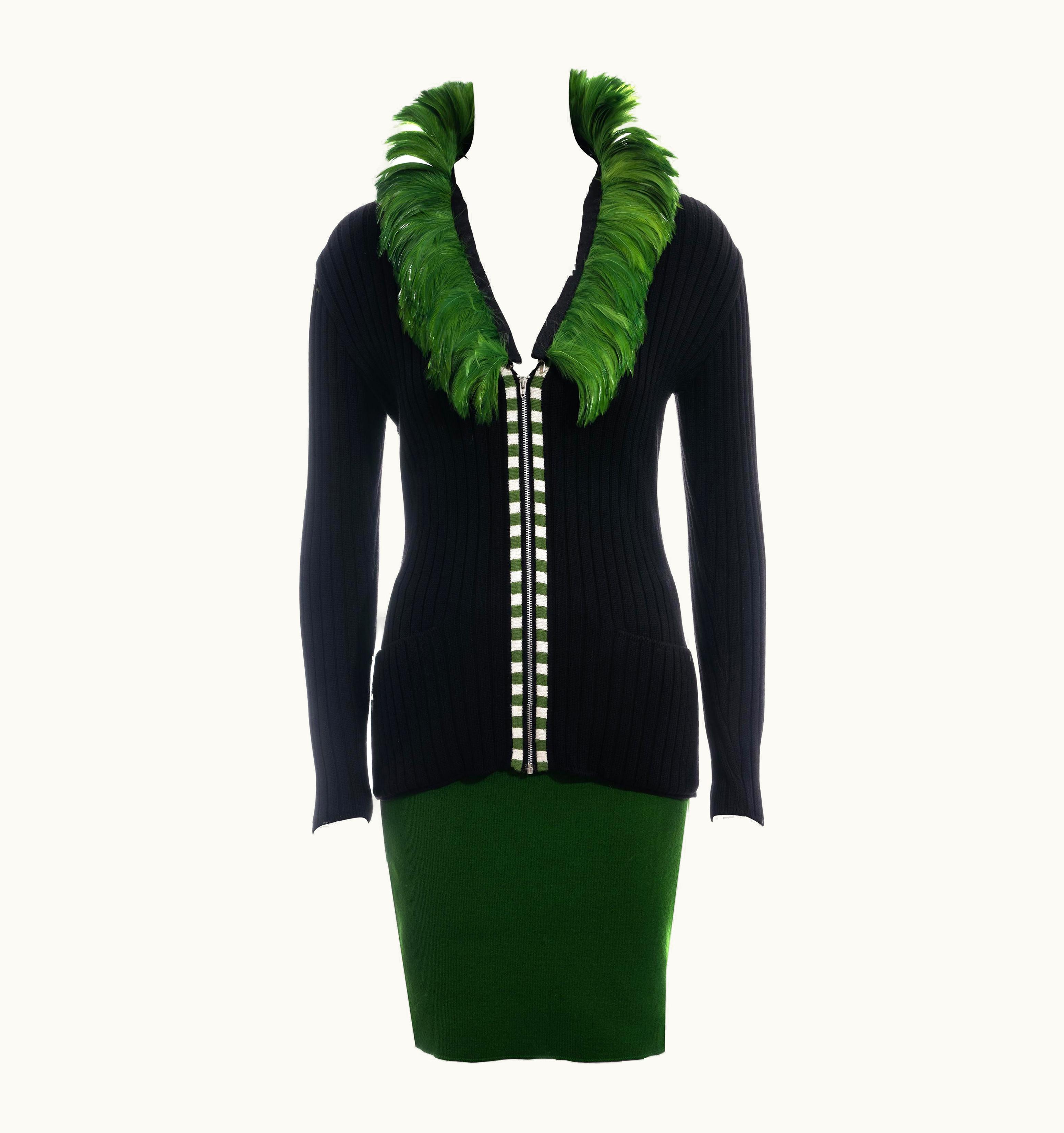 Jean-Paul Gaultier Jean Paul Gaultier Green And Black Knitted Wool Feathered Skirt Suit, AW 1991