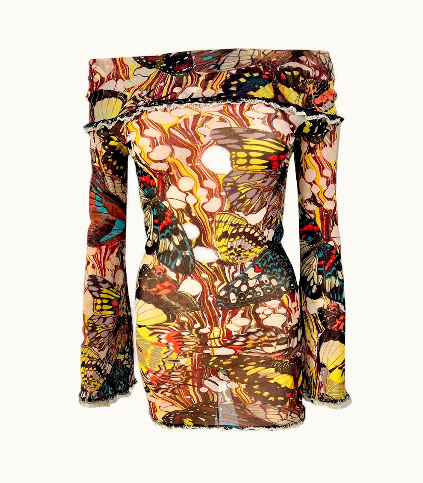 Jean-Paul Gaultier Jean Paul Gaultier S/S 2003 Butterfly Sheer Mesh Off Shoulder Bodycon Mini Dress