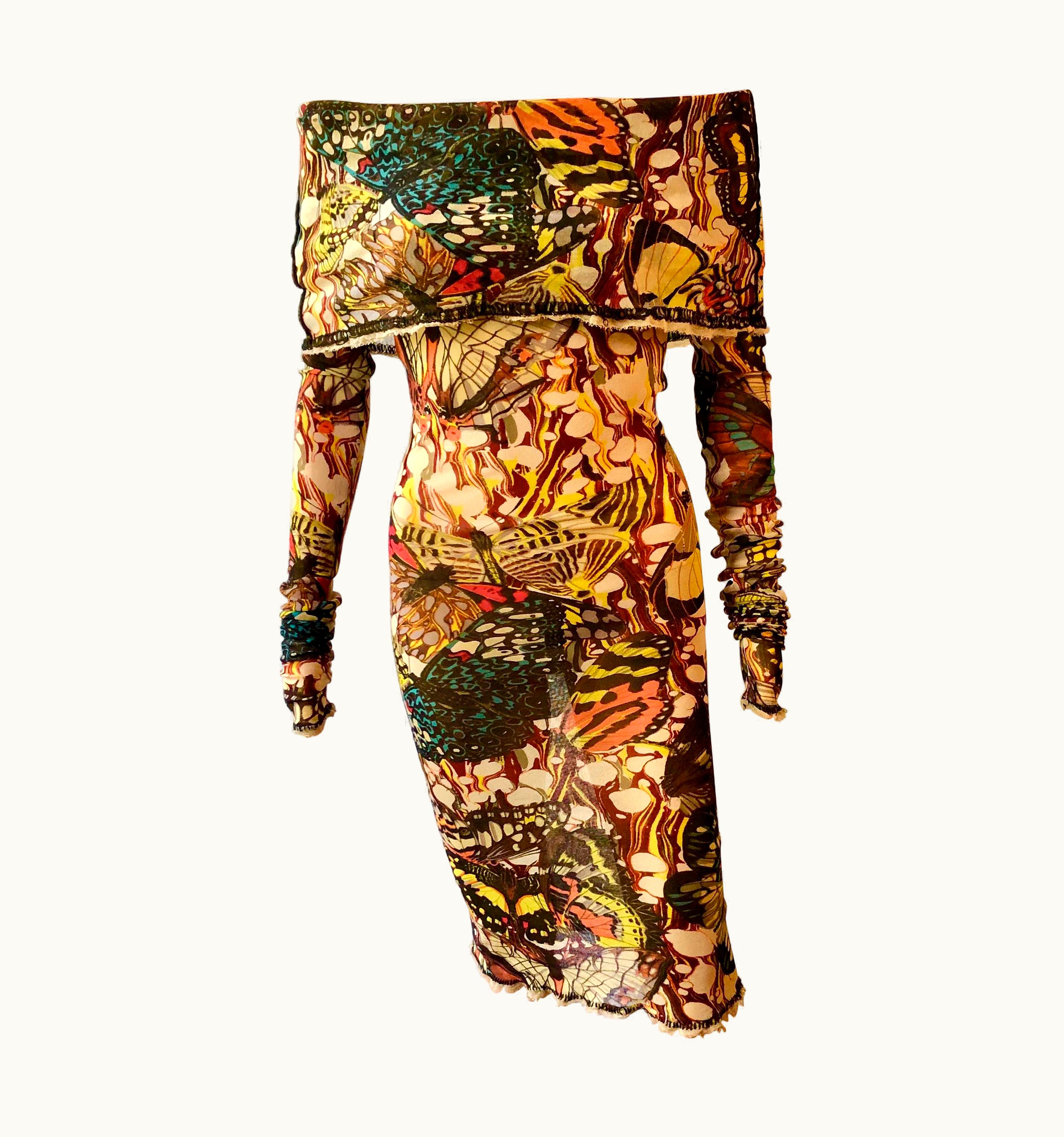 Jean-Paul Gaultier Jean Paul Gaultier S/S 2003 Butterfly Semi-Sheer Mesh Off Shoulder Bodycon Dress