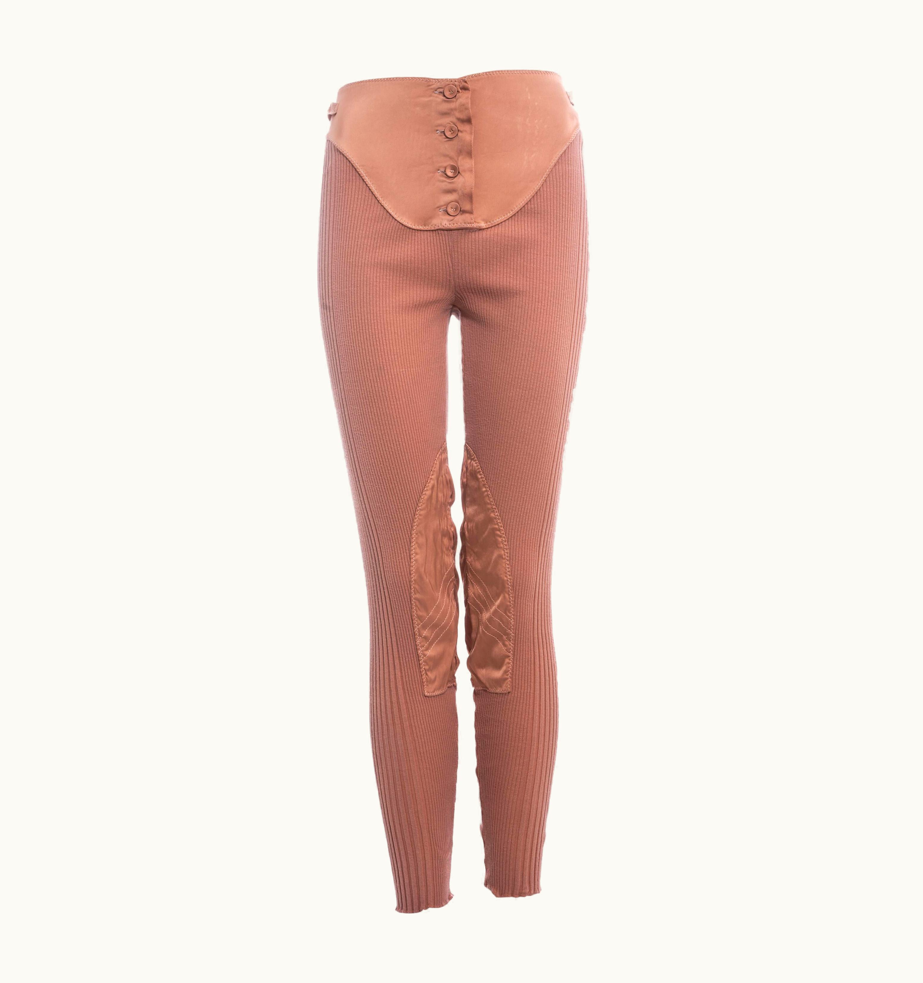 Jean-Paul Gaultier Jean Paul Gaultier Peach Rib Knit And Satin Lace Up Legging Pants, S/S 1992