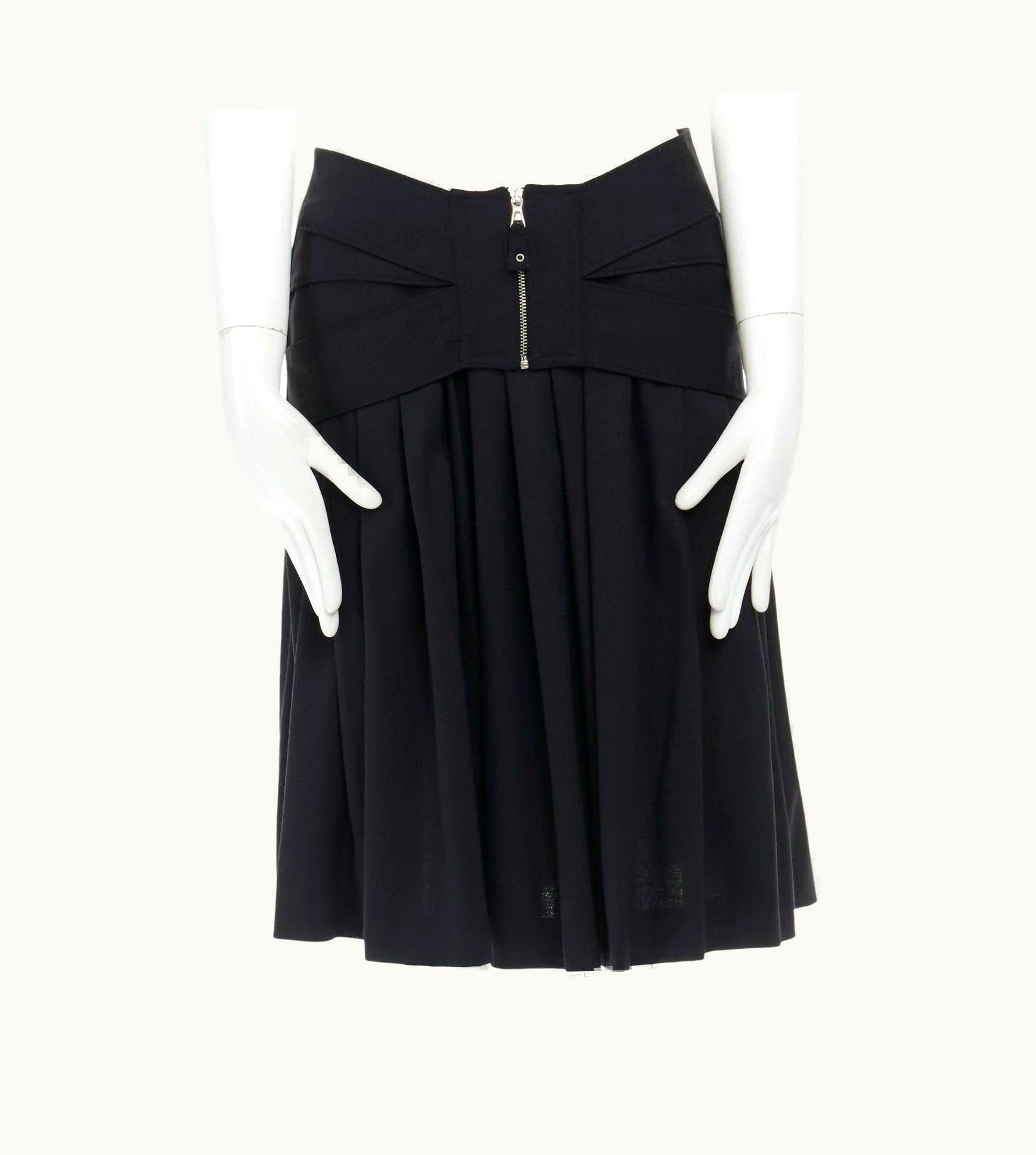 Jean-Paul Gaultier Jean Paul Gaultier Black Virgin Wool Blend Lace Back Corset Belt Knee Skirt