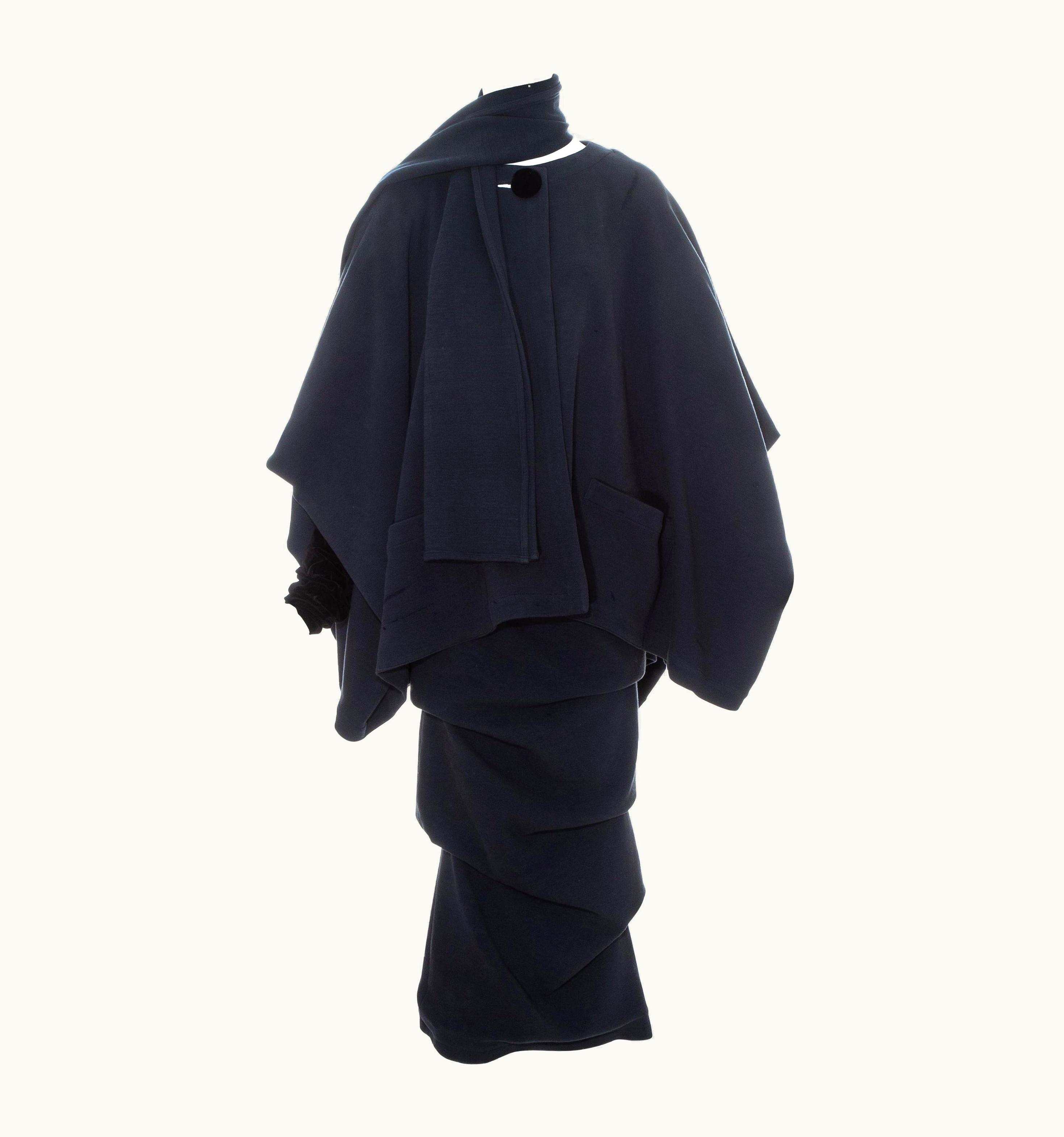 Jean-Paul Gaultier Jean Paul Gaultier Blue Wool And Velvet Cape Jacket, Skirt And Scarf, AW 1984