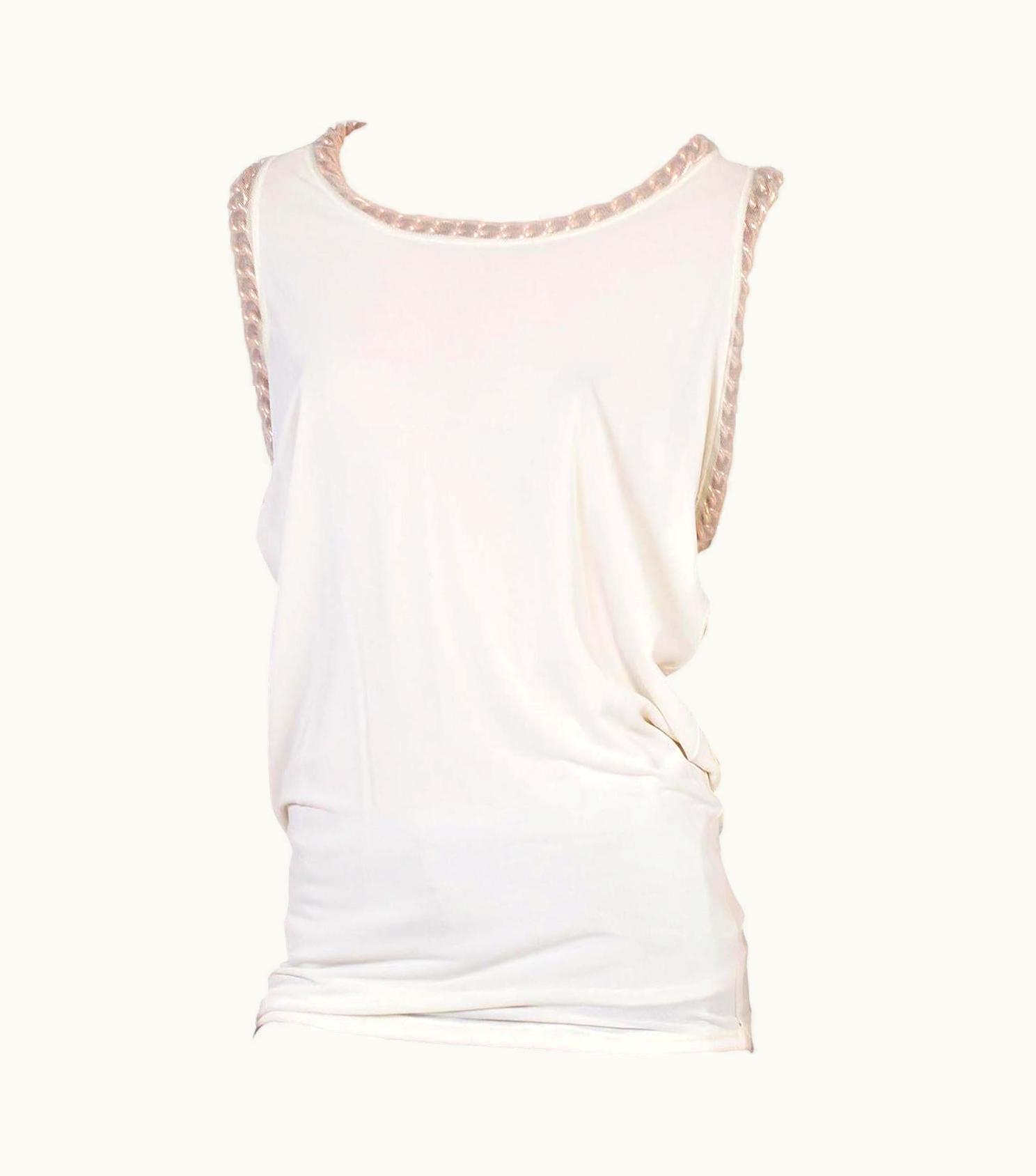 Jean-Paul Gaultier 2000s Jean Paul Gaultier Ivory Jersey Mesh Net Distressed Punk Top With Gold Ch