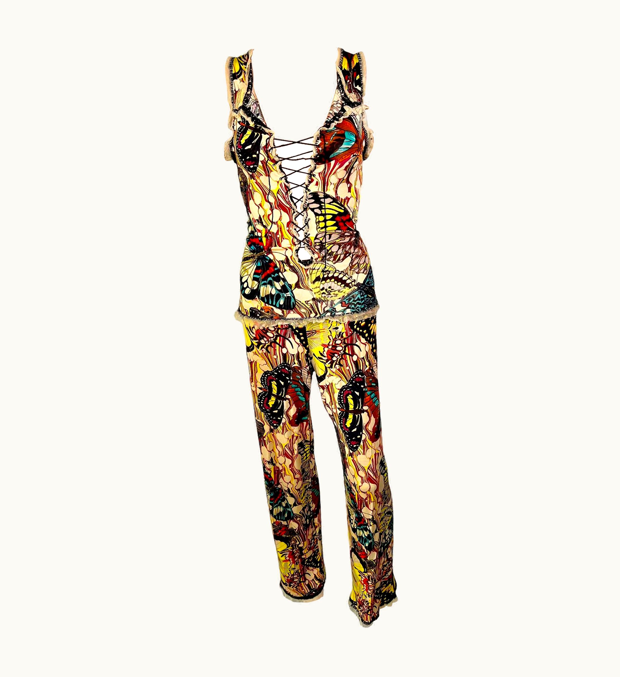 Jean-Paul Gaultier Jean Paul Gaultier S/S 2003 Butterfly Print Top & Pants Ensemble 2 Piece Set