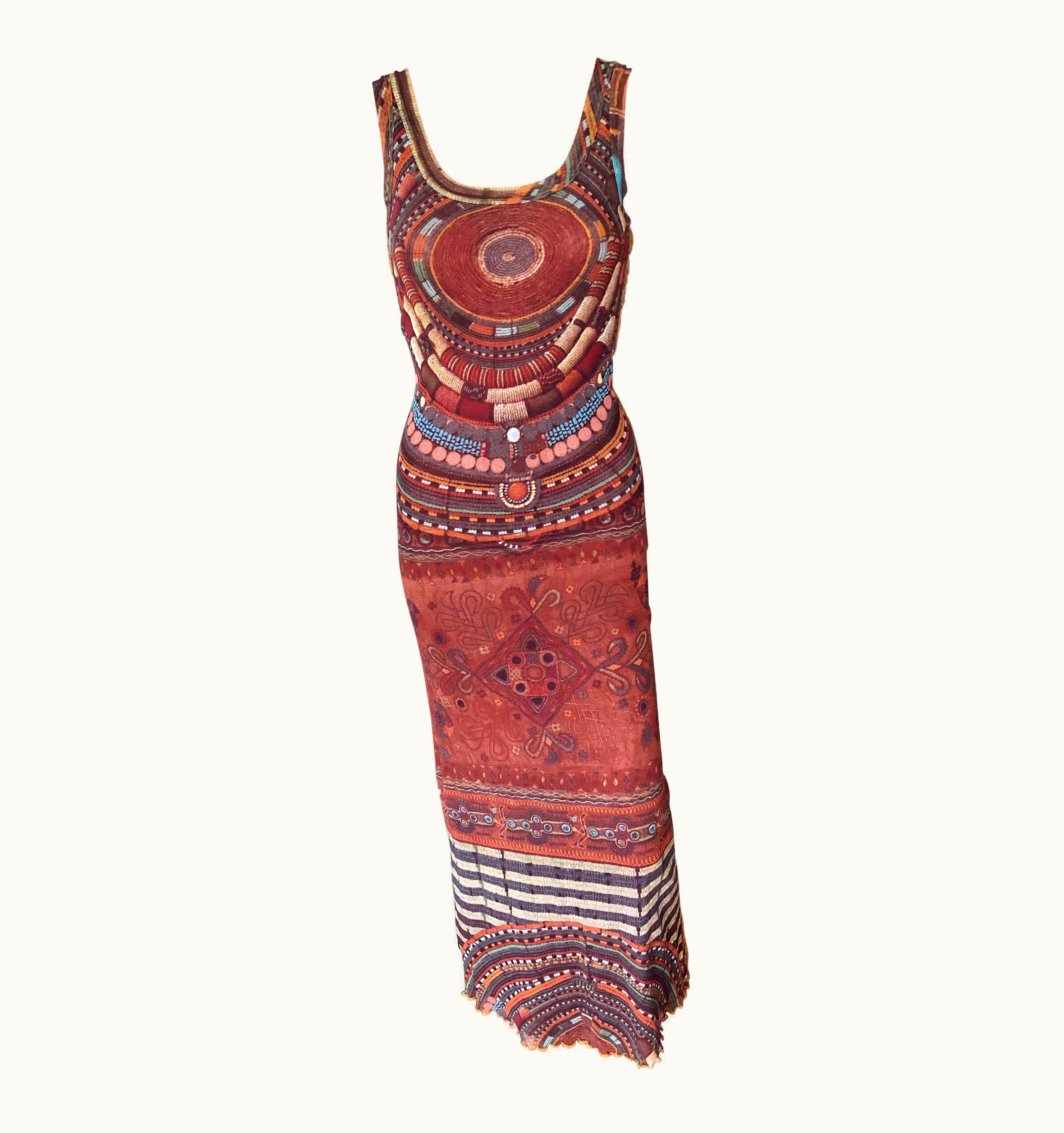 Jean-Paul Gaultier Jean Paul Gaultier Soleil Bodycon African Beads Print Mesh Maxi Dress