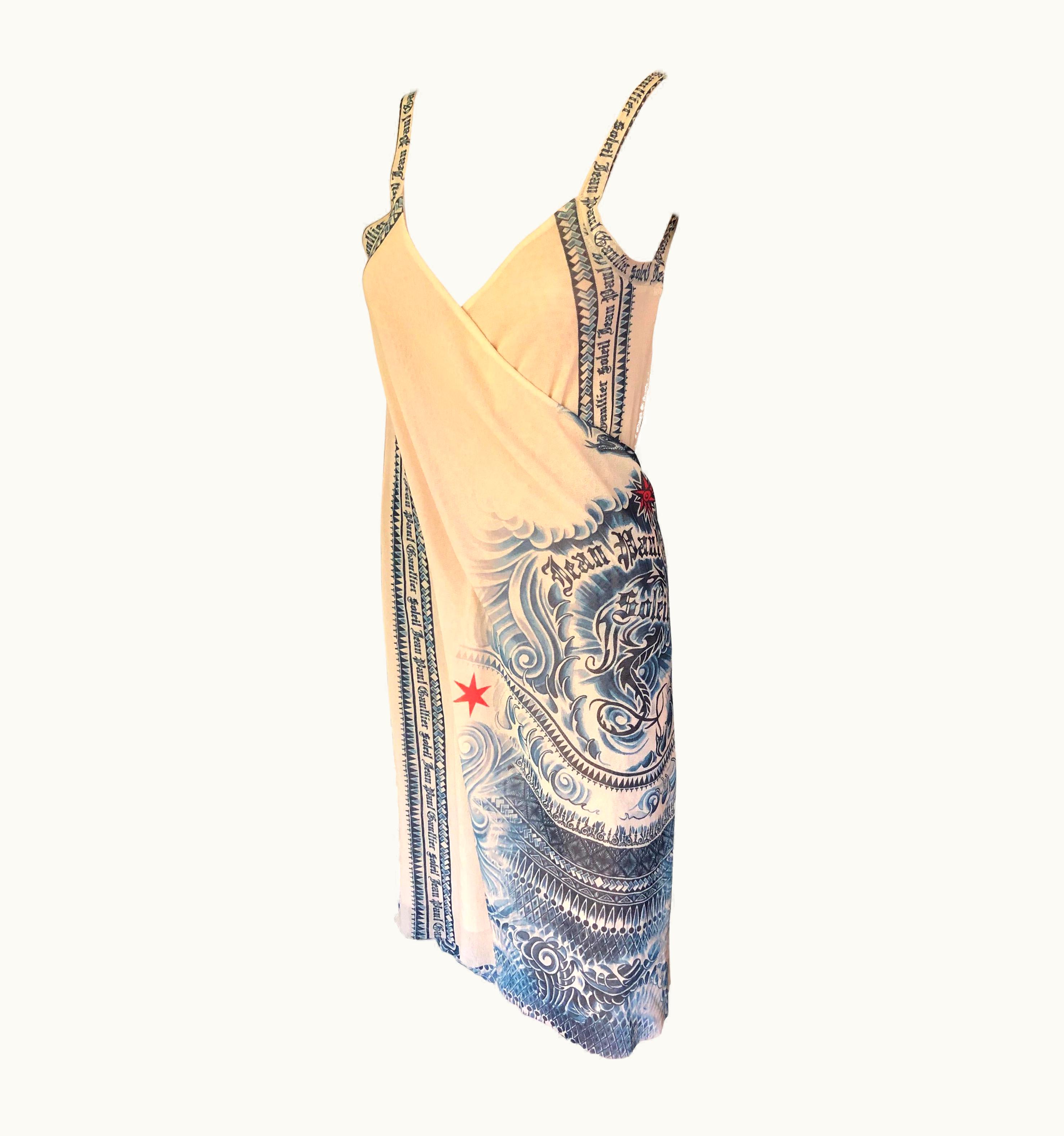 Jean-Paul Gaultier Jean Paul Gaultier Soleil Tattoo Print Semi-Sheer Mesh Wrap Dress