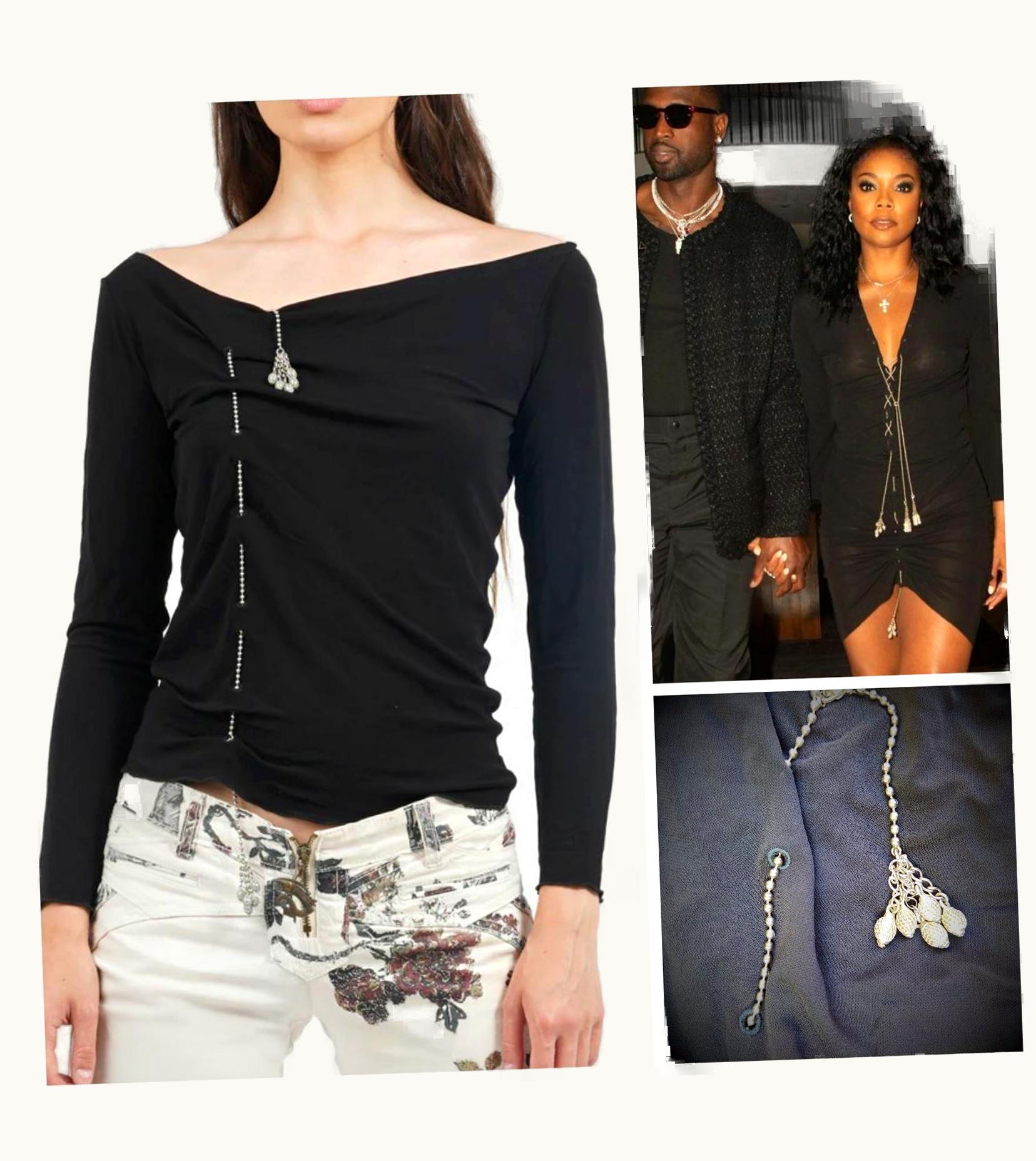 Jean-Paul Gaultier Jean Paul Gaultier Silver Chain Lace Up Black Semi Sheer T-shirt Tee Top