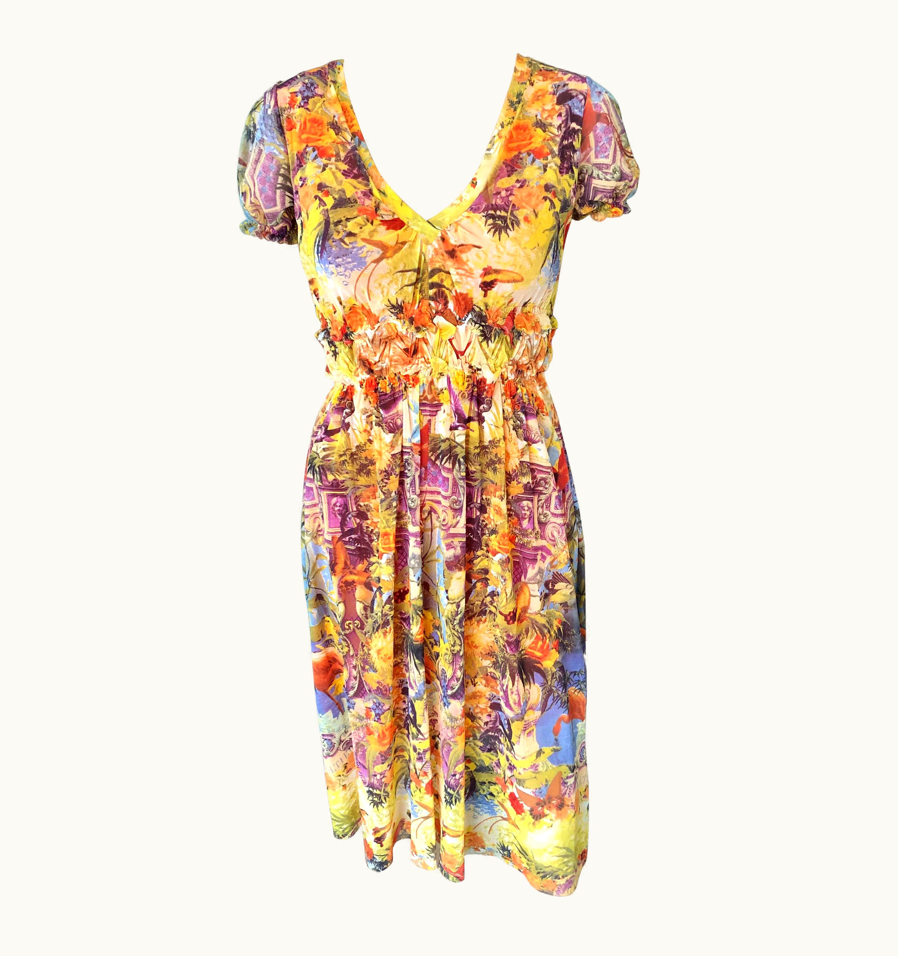 Jean-Paul Gaultier Jean Paul Gaultier Soleil Tropical Flamingo Print Semi-Sheer Mesh Dress