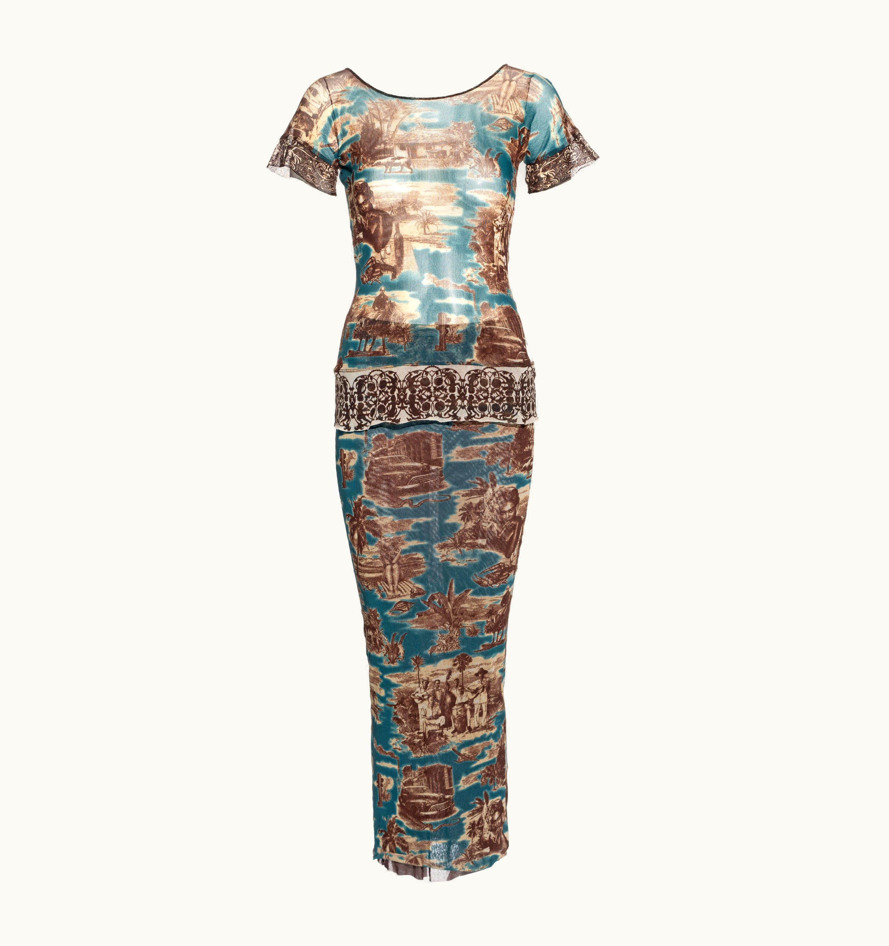 Jean-Paul Gaultier Jean Paul Gaultier Cuba Print Mesh T-shirt And Maxi Skirt Set, S/S 1998