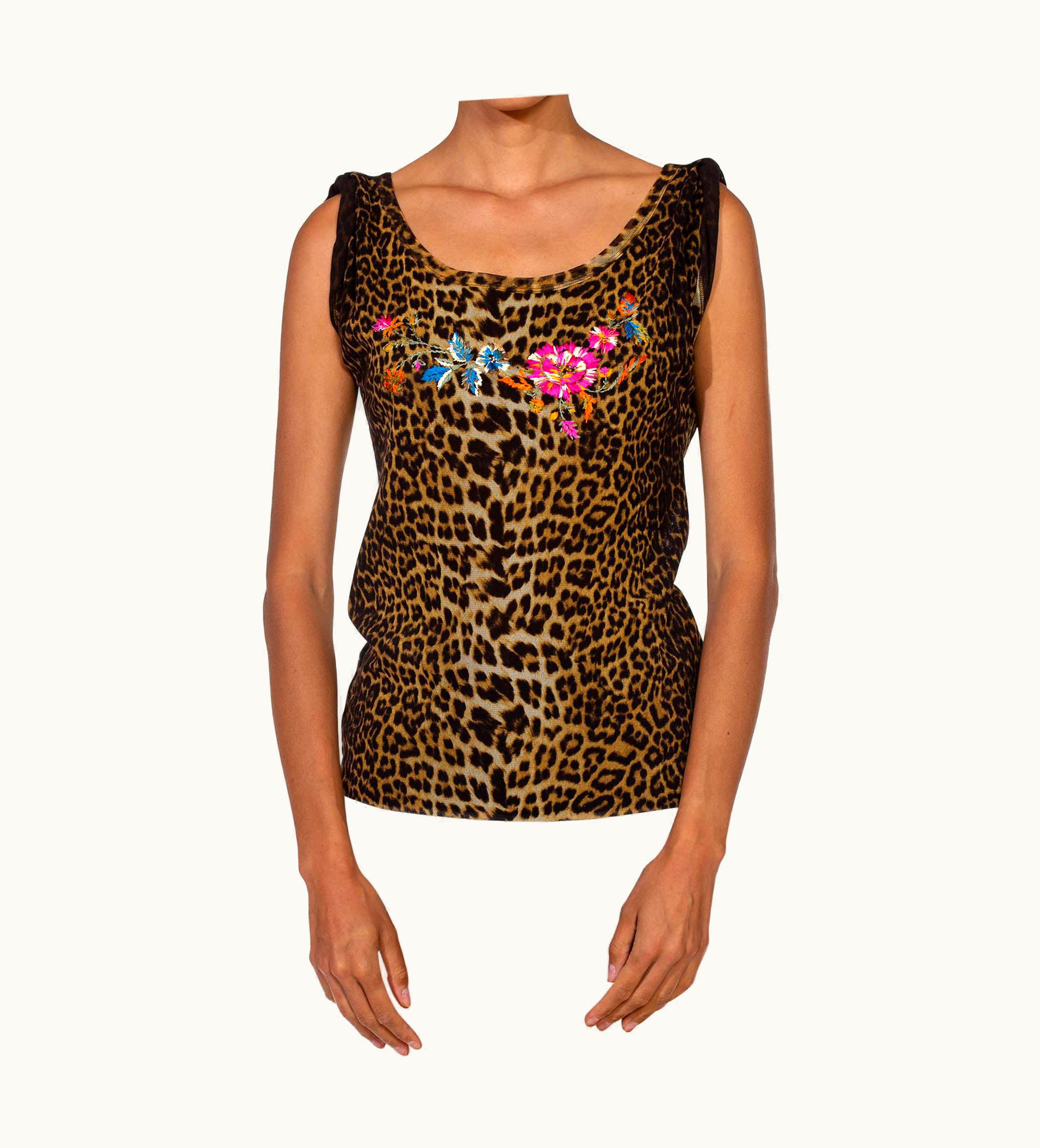 Jean-Paul Gaultier 1990s Jean Paul Gaultier Leopard Print Mesh Floral Embroidered Shell Top