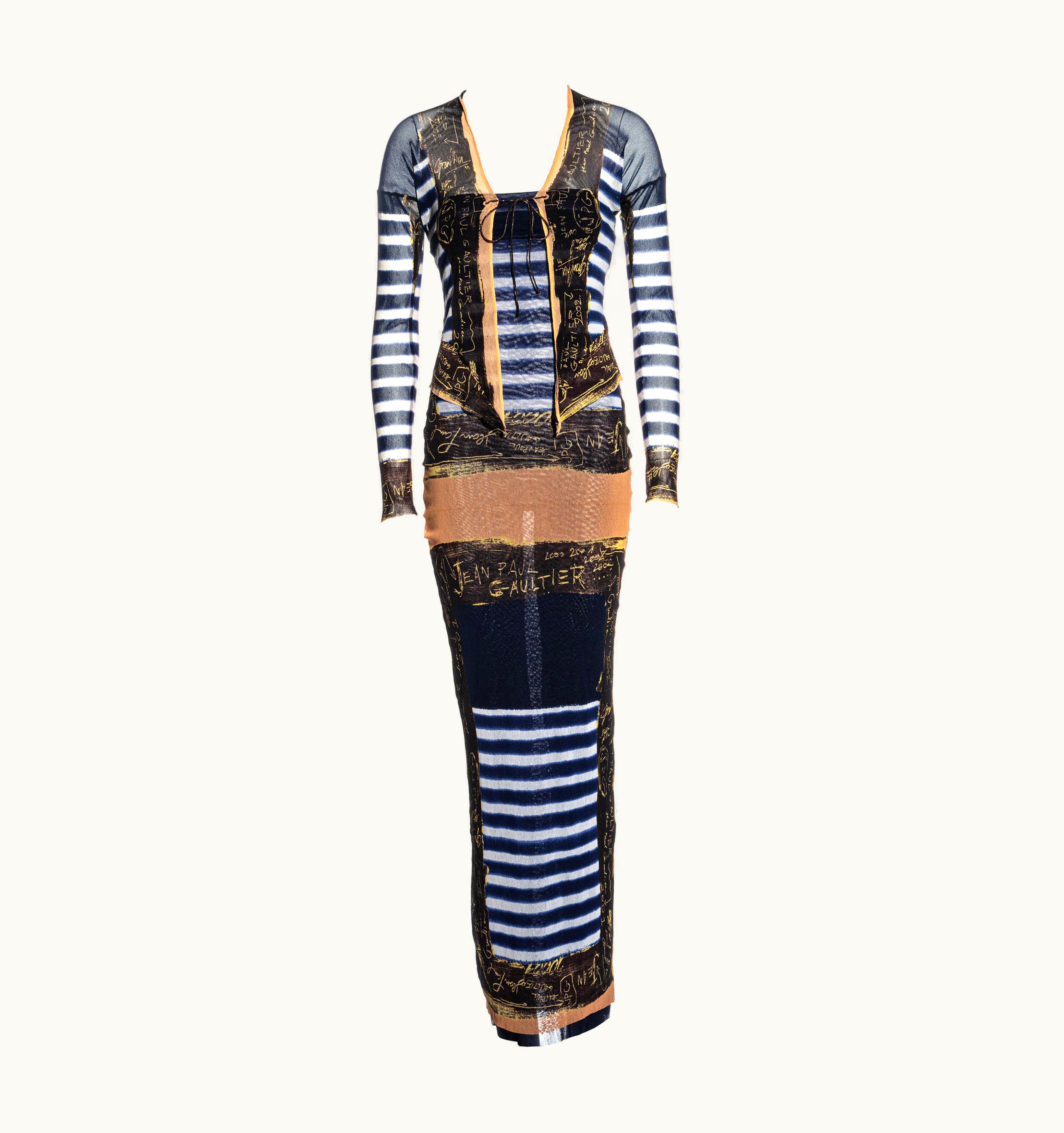 Jean-Paul Gaultier Jean Paul Gaultier Navy Striped Nylon Mesh Tube Dress And Cardigan Set, C 2001
