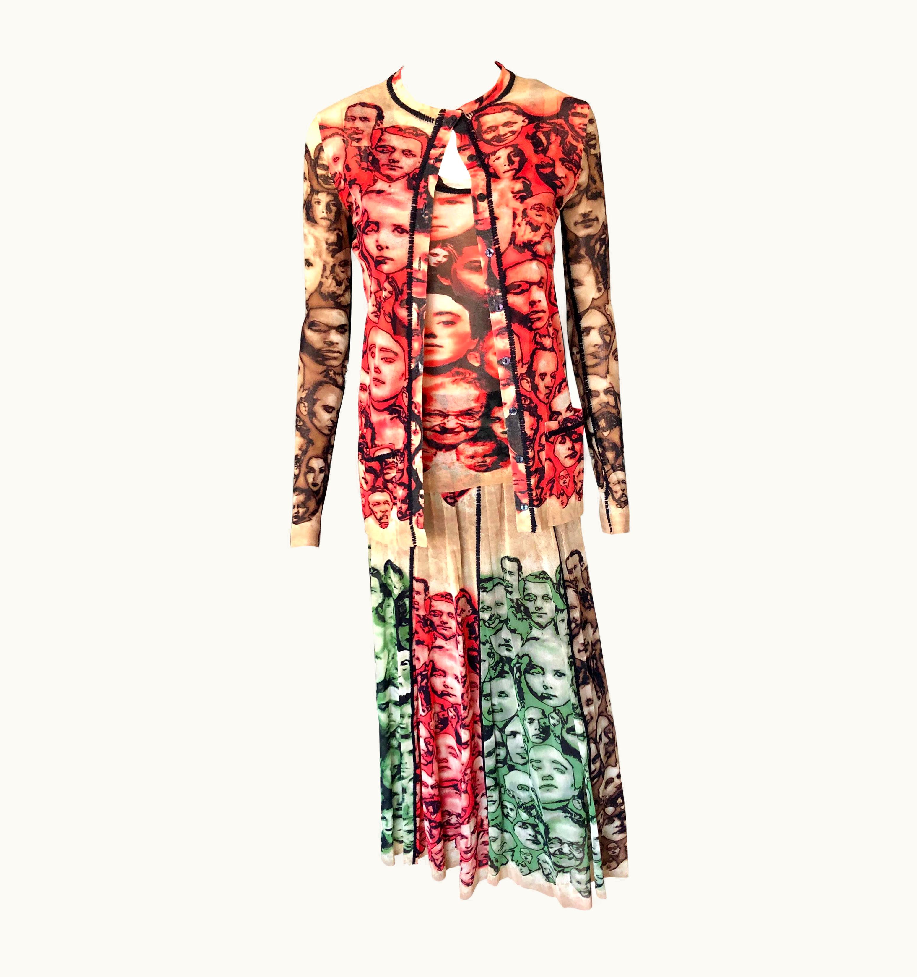 Jean-Paul Gaultier Jean Paul Gaultier AW 1992 Vintage Faces Mesh Cardigan, Top & Skirt 3 Piece Set