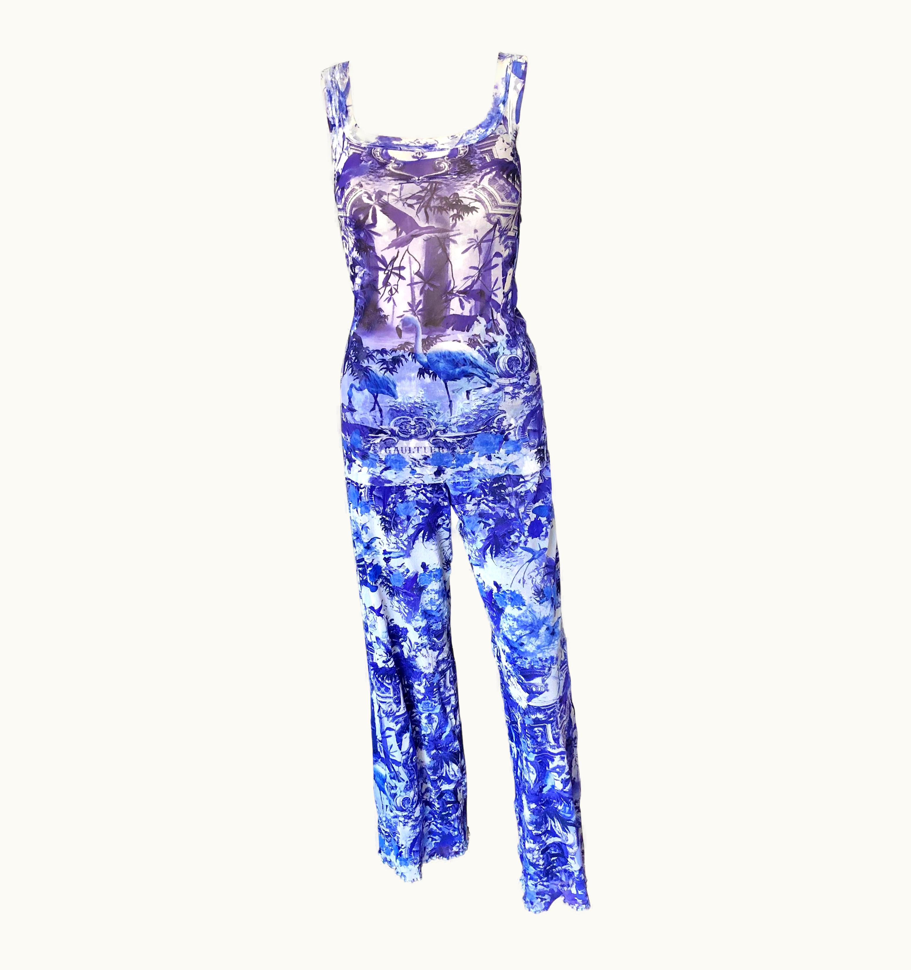 Jean-Paul Gaultier Jean Paul Gaultier Soleil S/S 1999 Flamingo Print Mesh Top & Pants 2 Piece Set