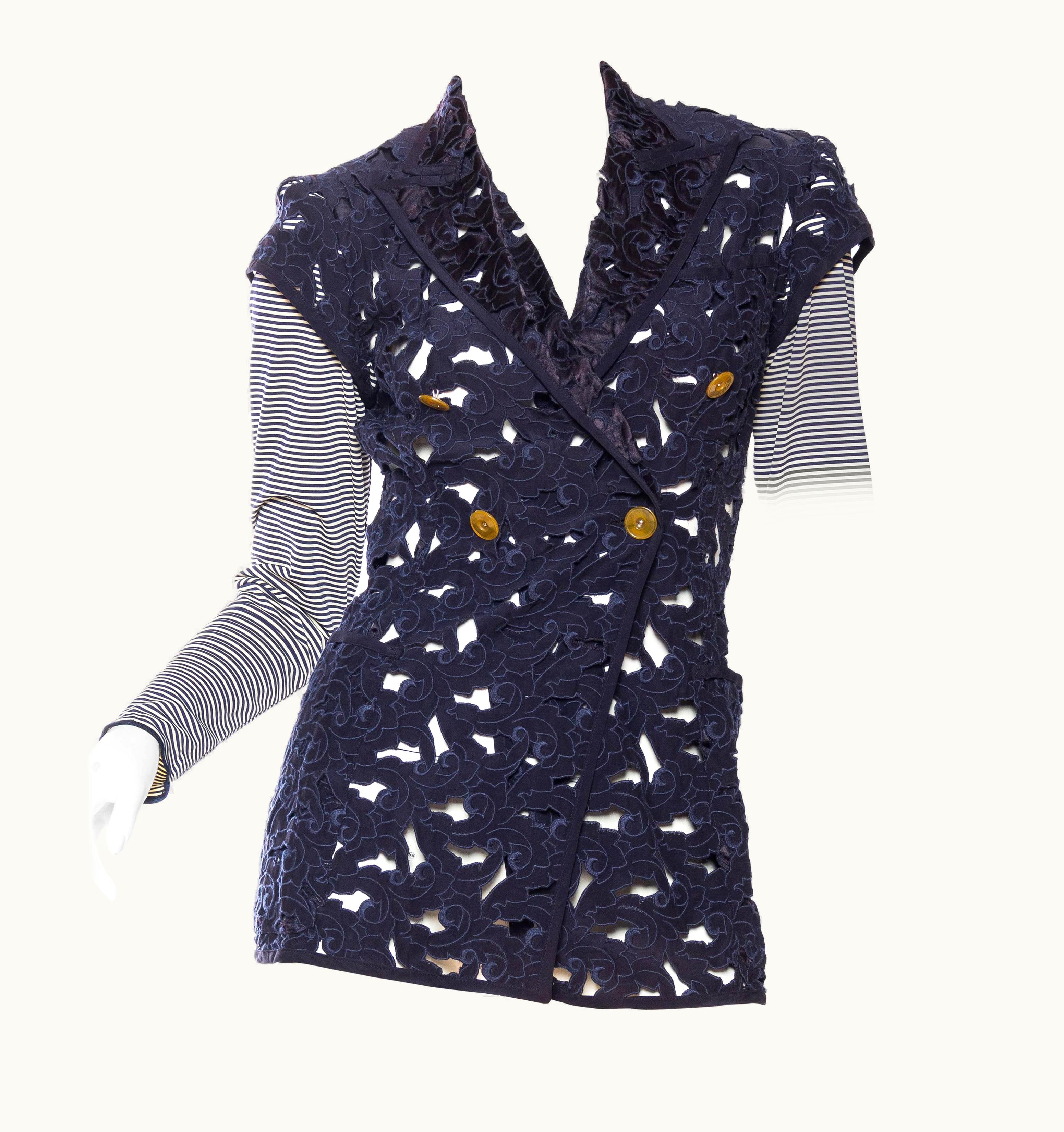 Jean-Paul Gaultier 1990s Jean Paul Gaultier Blue & White Striped Jersey Lace Cut Out Blazer