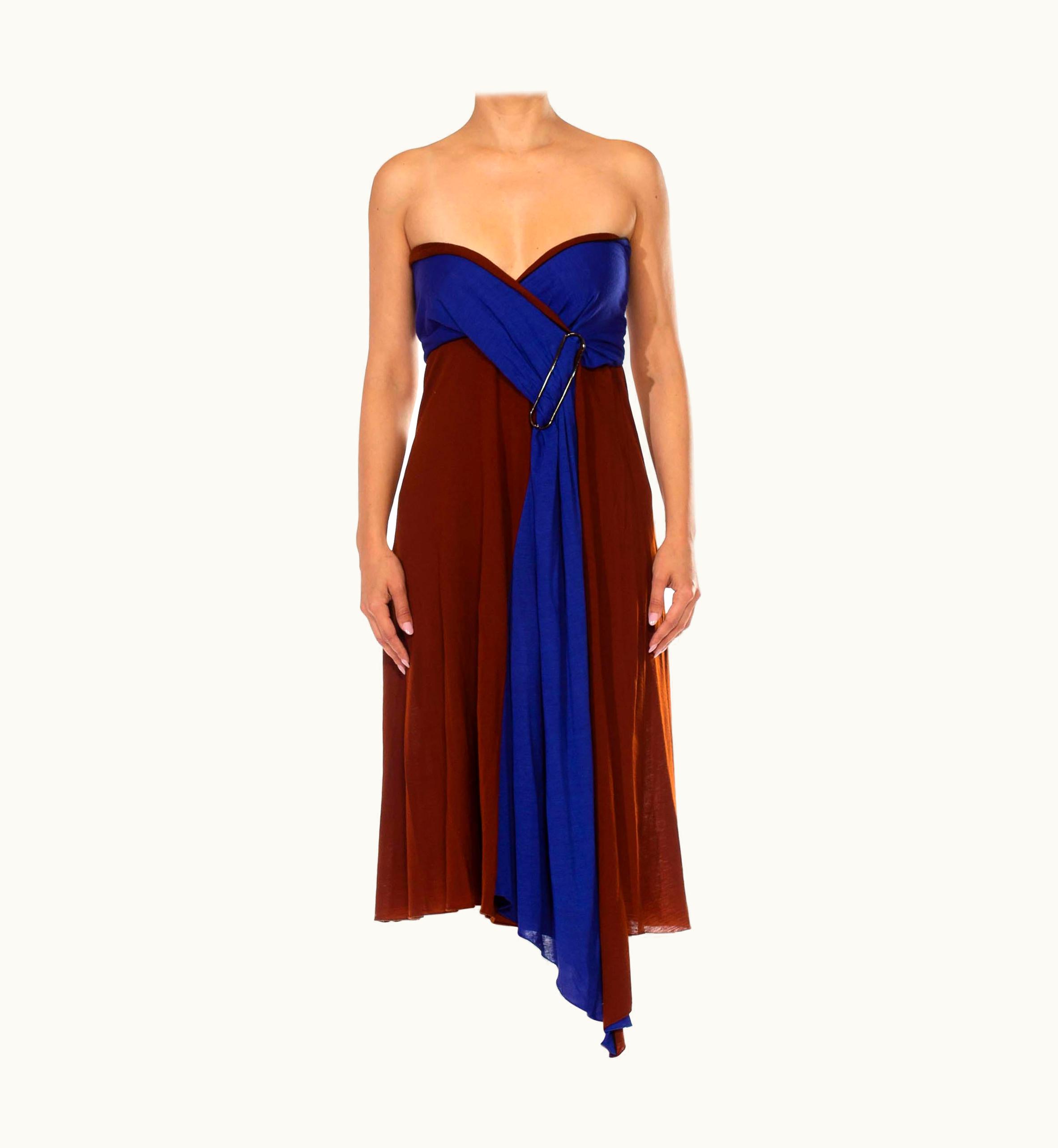 Jean-Paul Gaultier 1990s Jean Paul Gaultier Blue & Brown Wool Jersey Strapless Cozy Knit Dress