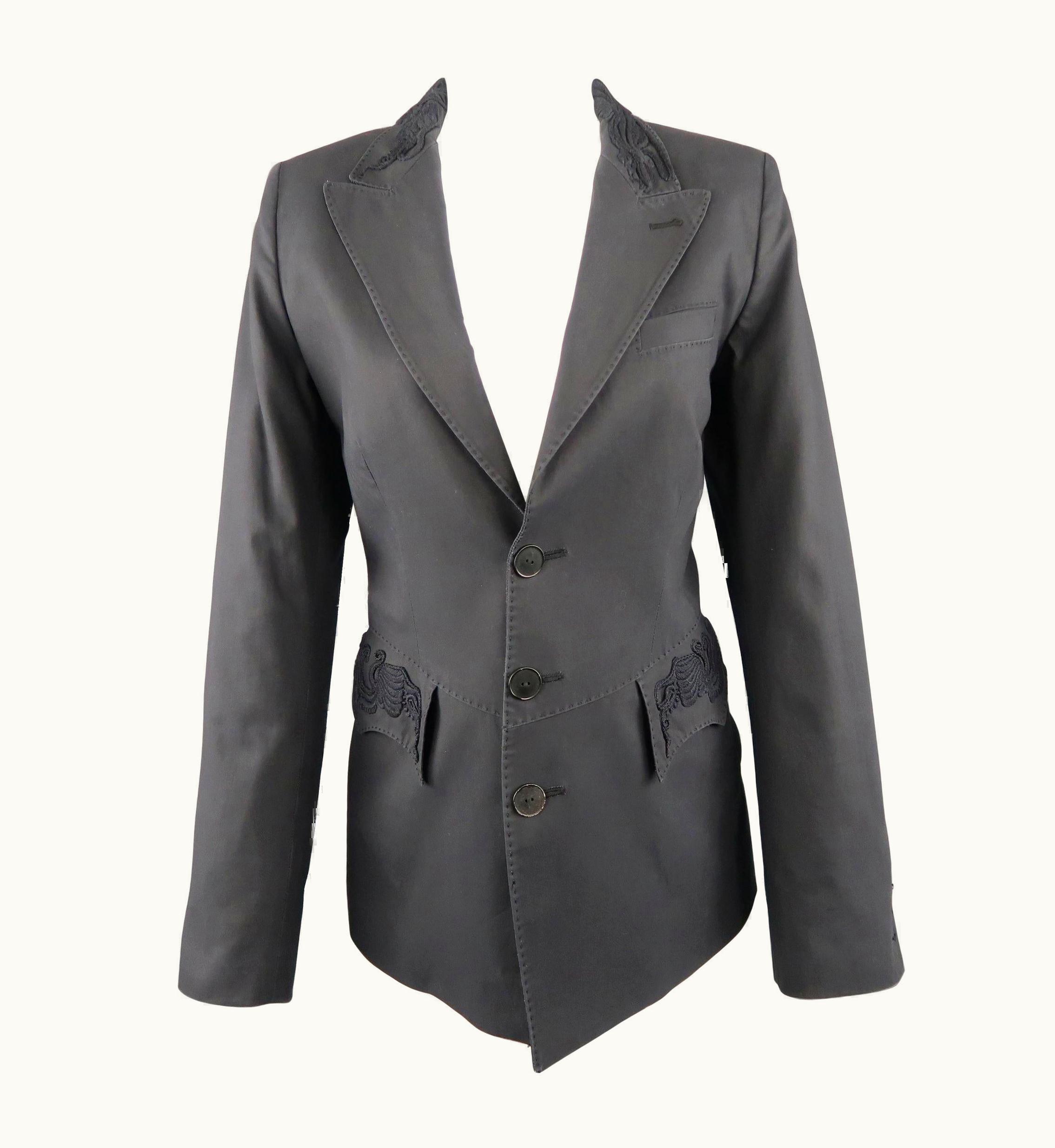 Jean-Paul Gaultier Jean Paul Gaultier Gray Cotton Embroidered Peak Lapel Blazer