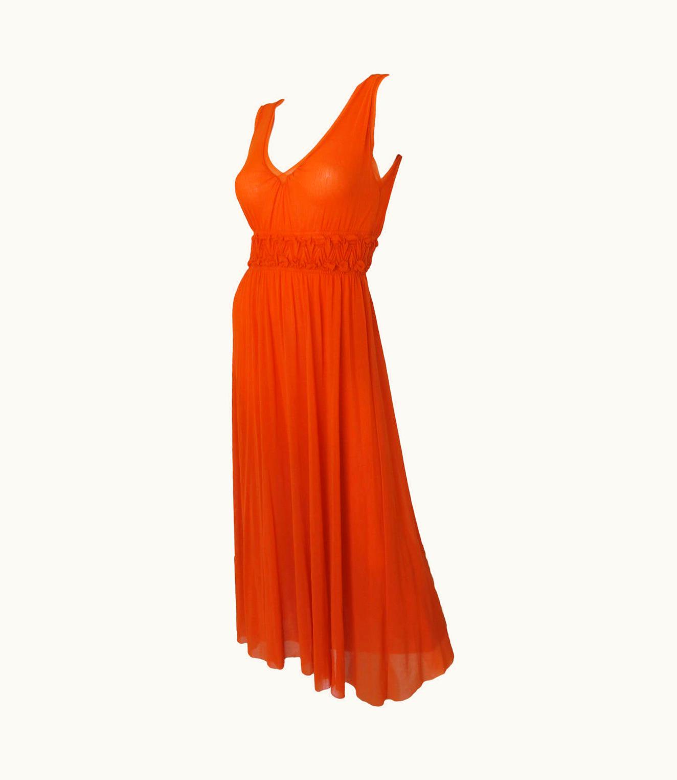 Jean-Paul Gaultier Jean Paul Gaultier Orange Sheer Dress w/Deep V-Neckline & Ruched Waistline