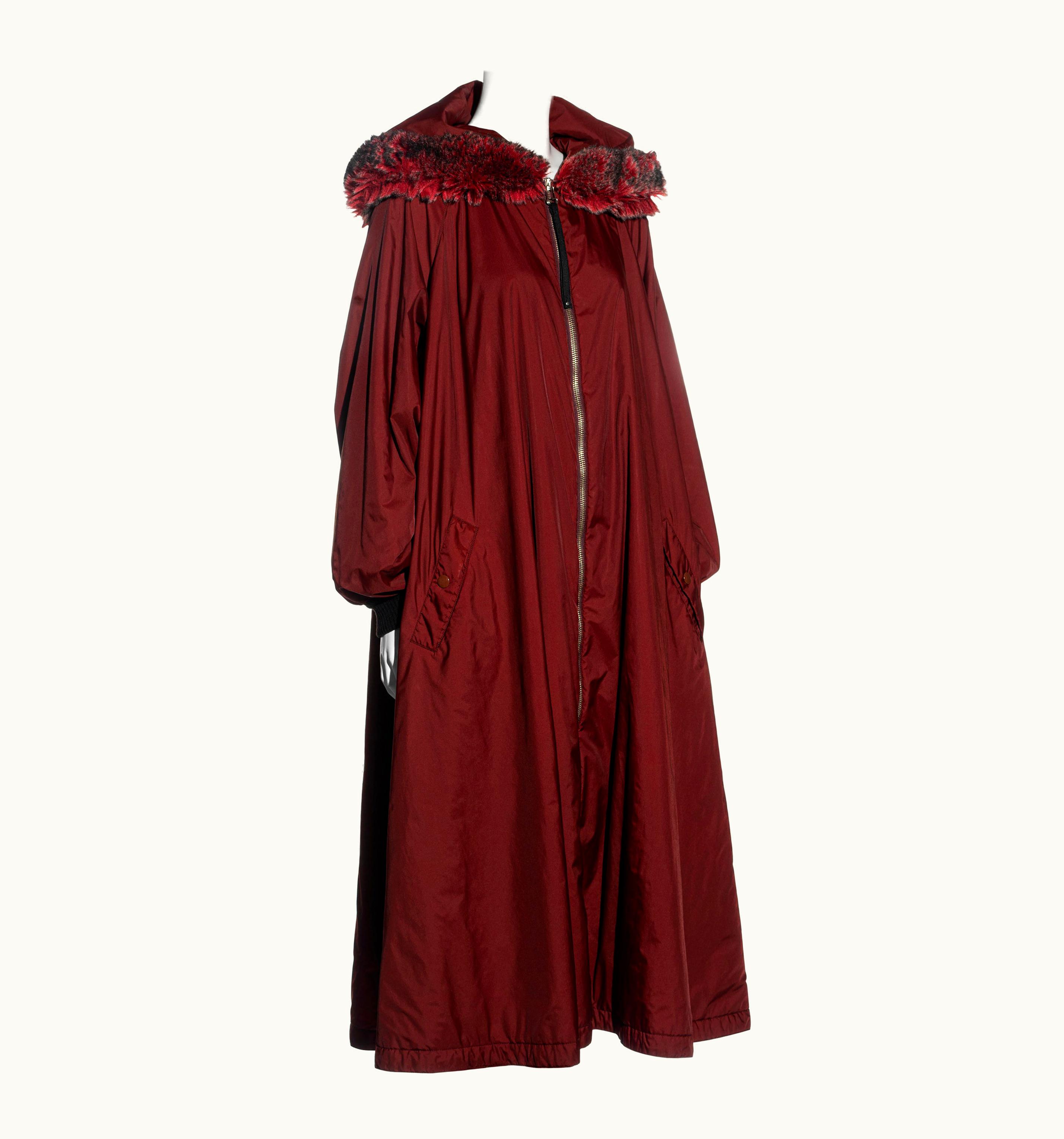 Jean-Paul Gaultier Jean Paul Gaultier Burgundy Nylon Puffer Coat With Large Faux Fur Hood, AW 1995