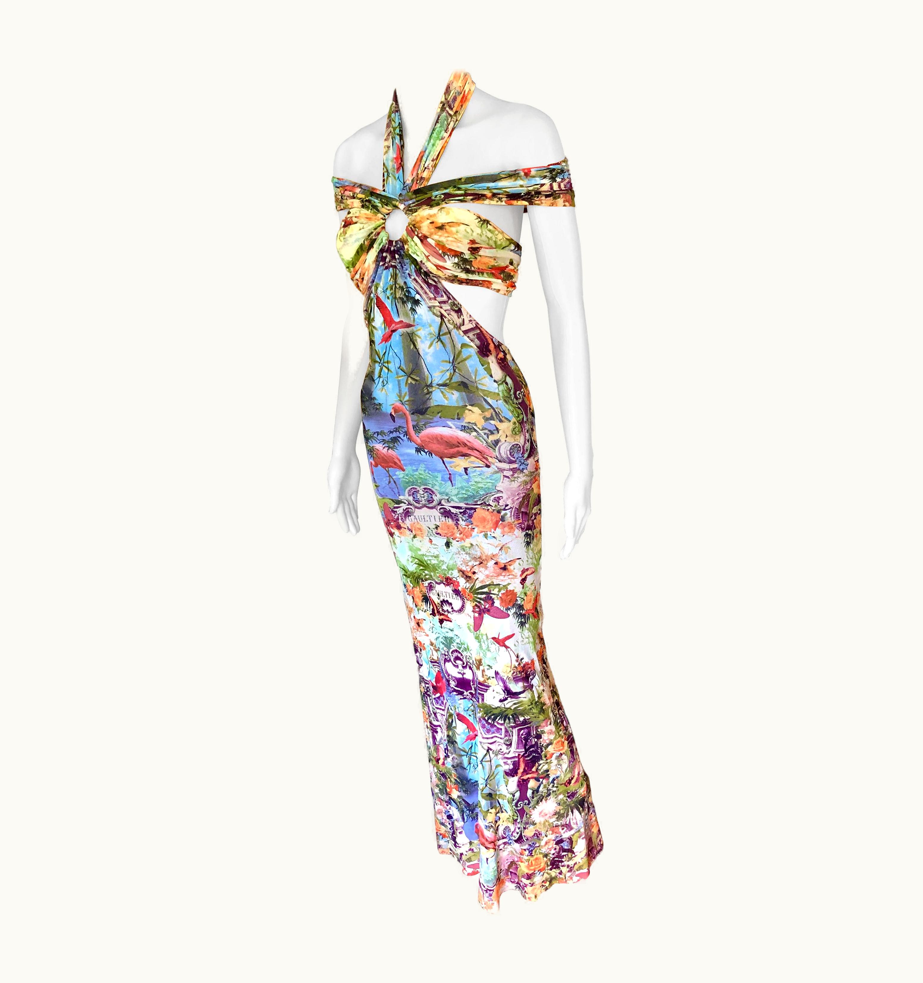 Jean-Paul Gaultier Jean Paul Gaultier Soleil S/S Flamingo Tropical Print Cutout Mesh Maxi Dress