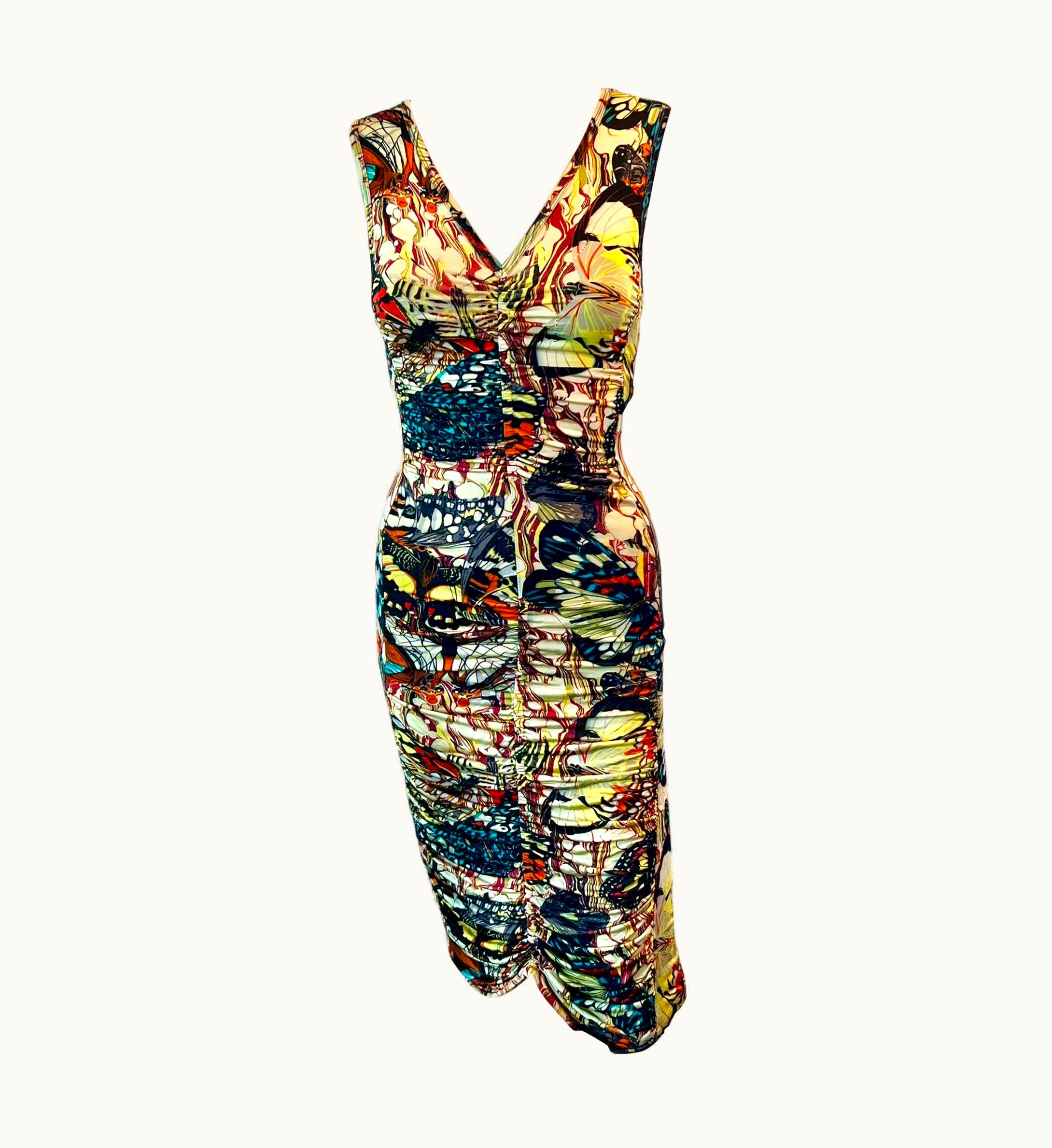 Jean-Paul Gaultier Jean Paul Gaultier Soleil S/S 2003 Butterfly Print Ruched Bodycon Mini Dress