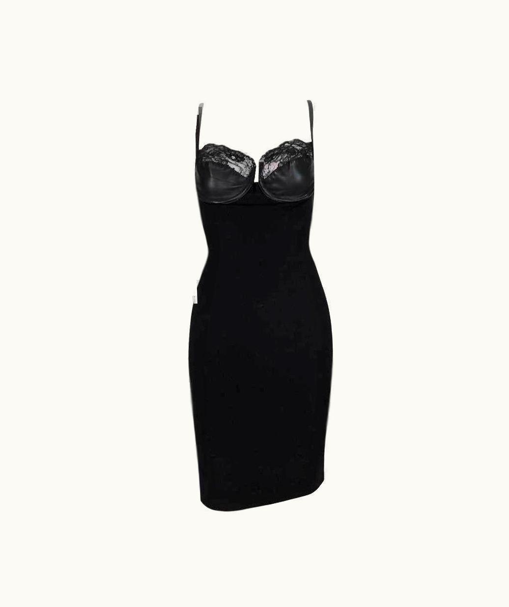 Jean-Paul Gaultier 1986 Jean Paul Gaultier Leather & Lace Black Bodycon Wiggle Mini Dress