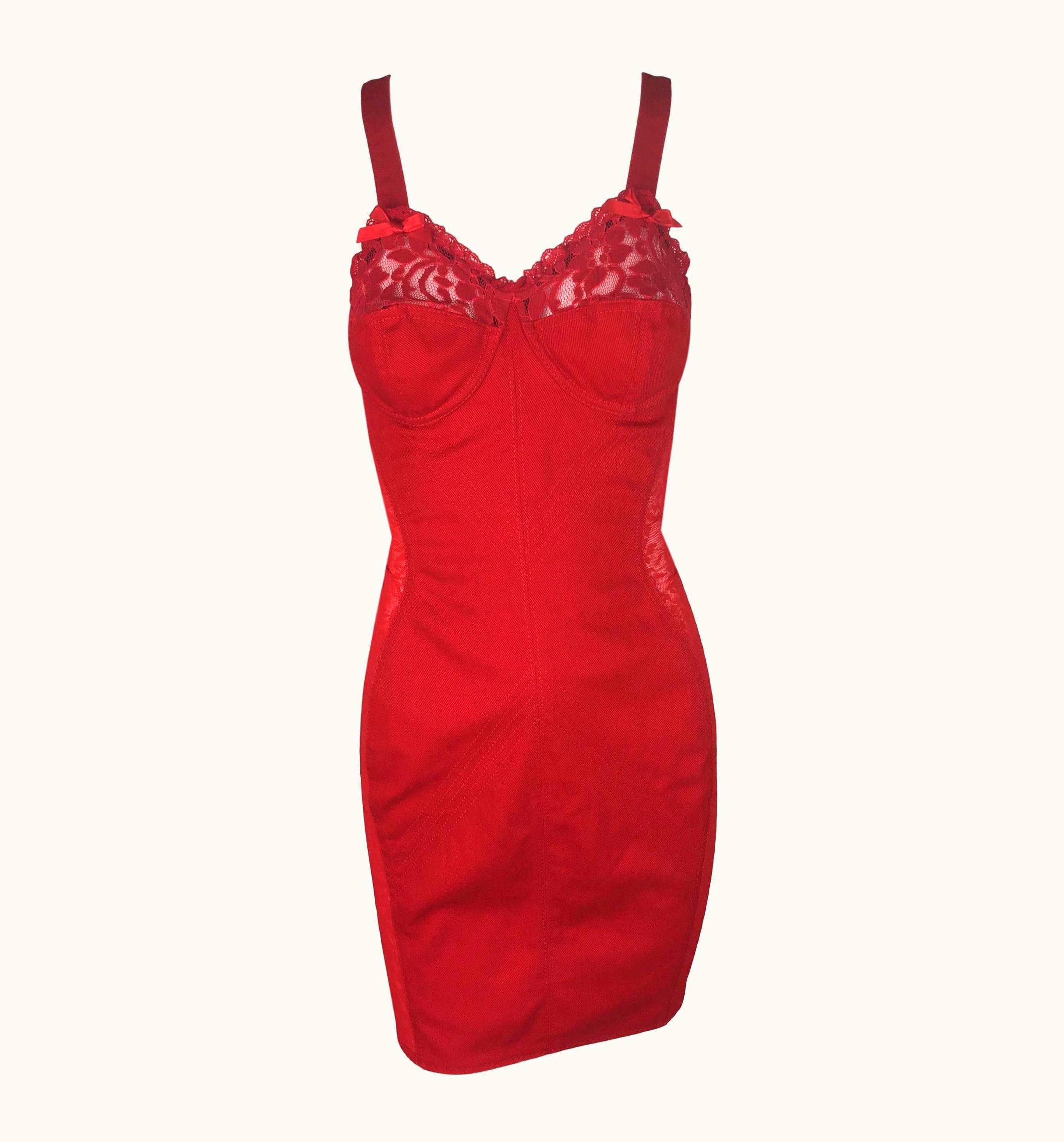 Jean-Paul Gaultier C. 1987 Jean Paul Gaultier Junior Red Lace Sheer Panel Bra Mini Dress