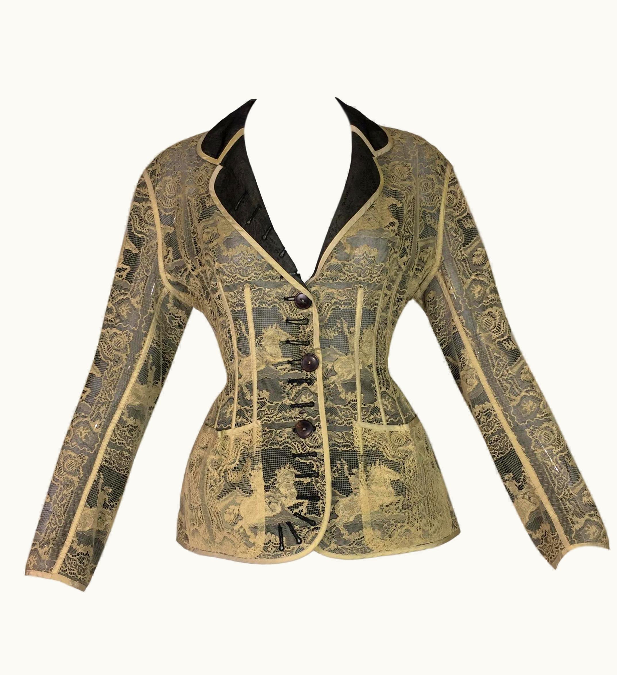 Jean-Paul Gaultier S/S 1988 Jean Paul Gaultier Sheer Chantilly Lace Cowboy Wasp Waist Jacket