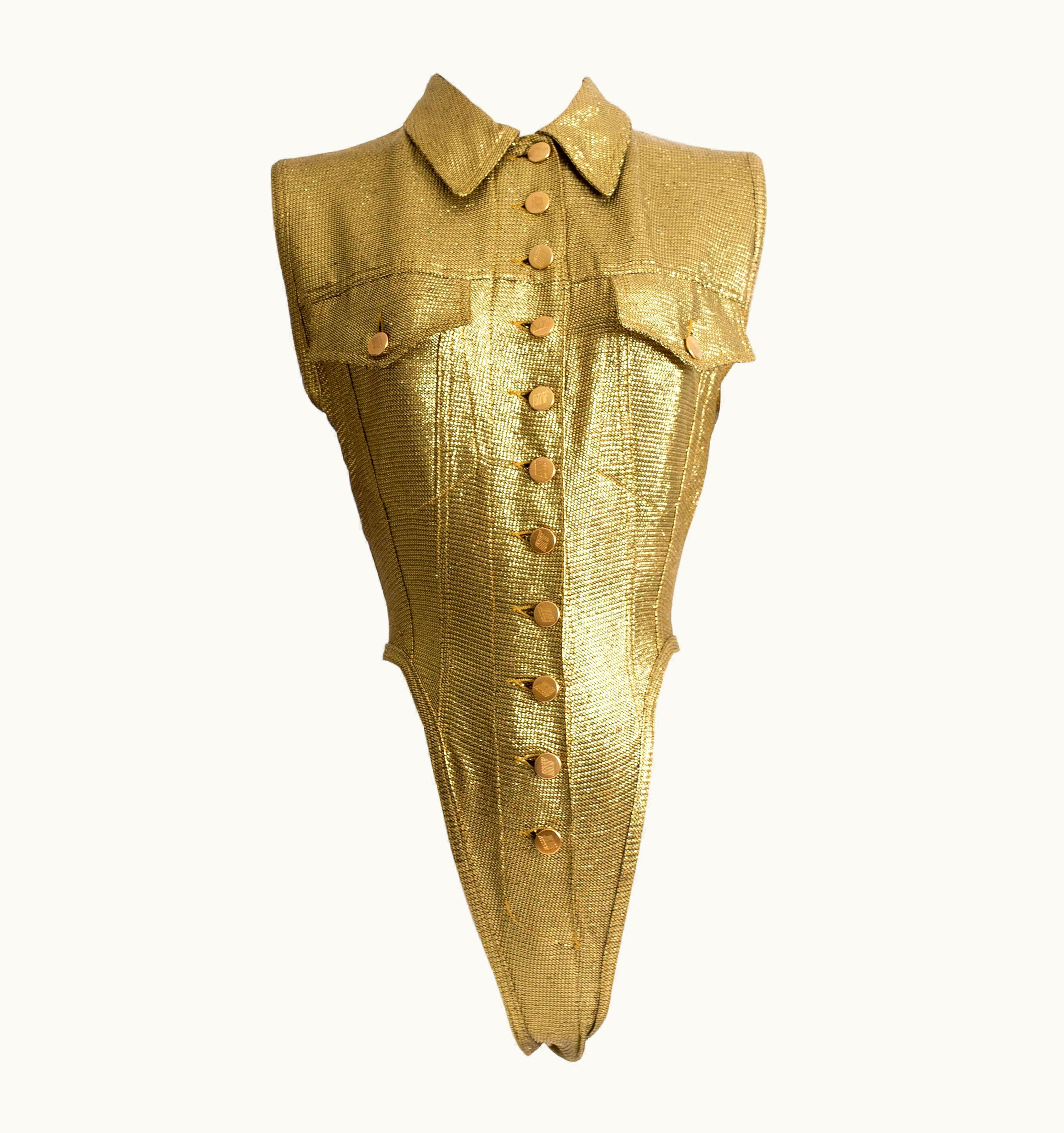 Jean-Paul Gaultier Jean Paul Gaultier Metallic Gold Lurex Button Up Leotard, S/S 1989