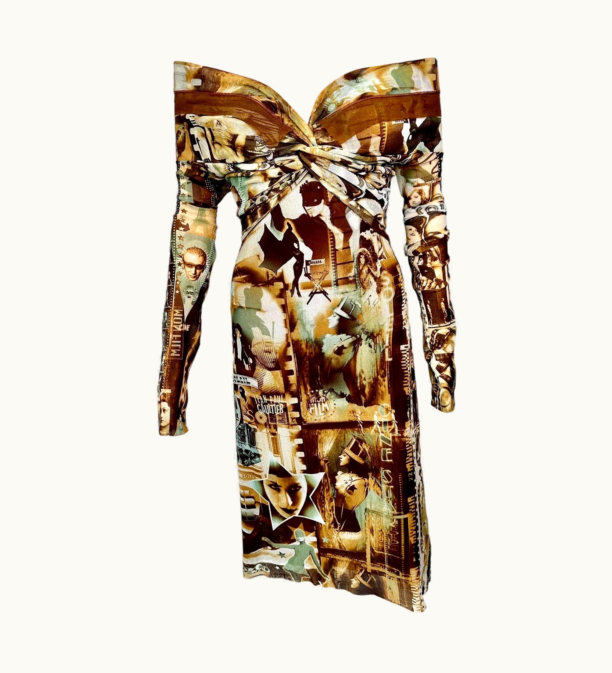Jean-Paul Gaultier Jean Paul Gaultier Soleil S/S 1999 Unworn Logo Film Print Off Shoulder Mesh Dress
