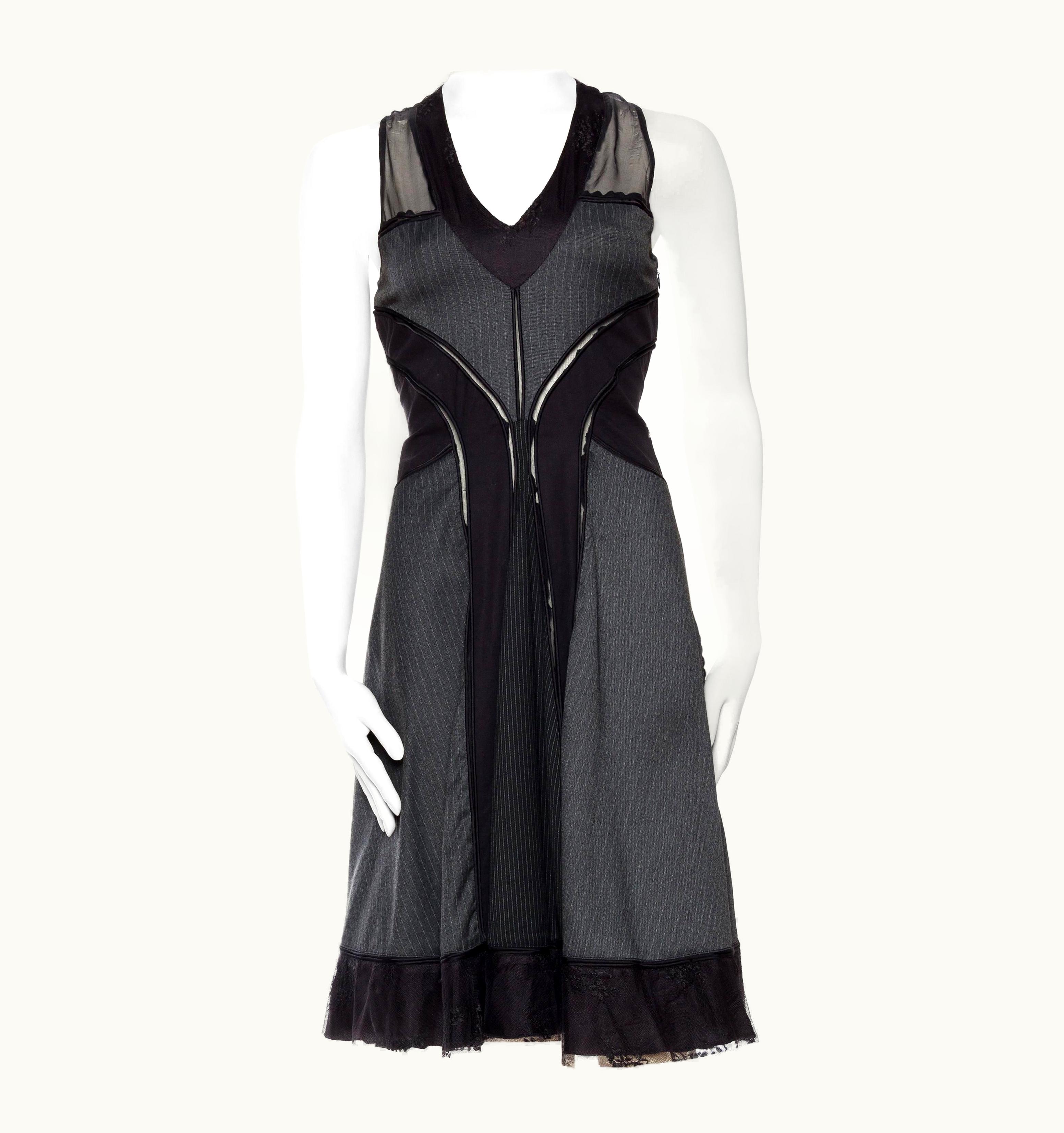 Jean-Paul Gaultier 1990s Jean Paul Gaultier Dark Grey Wool & Silk Pinstripe Dress With Sheer Panels