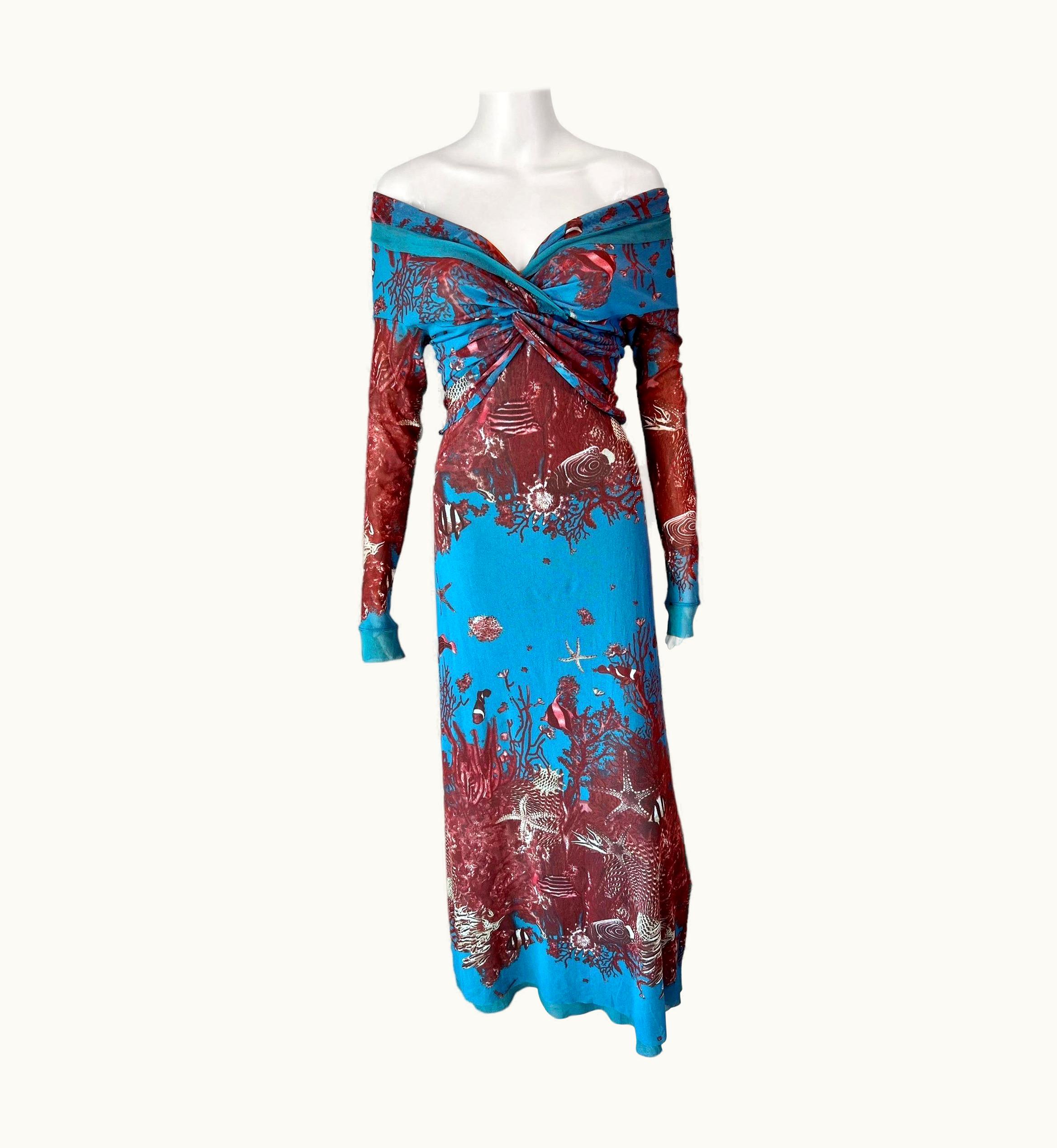 Jean-Paul Gaultier Jean Paul Gaultier Soleil S/S 1999 Sea Life Print Off Shoulder Mesh Maxi Dress UZ0596887
