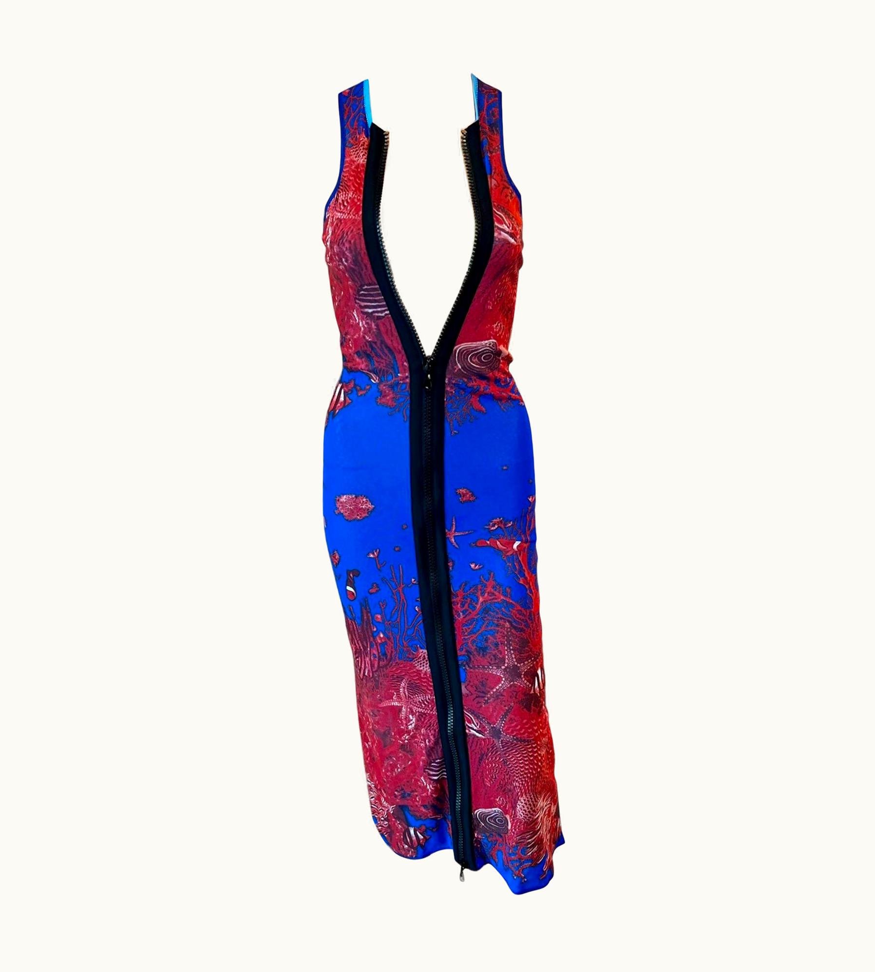 Jean-Paul Gaultier Jean Paul Gaultier Soleil S/S 1999 Sea Life Print Bodycon Zipper Mesh Maxi Dress