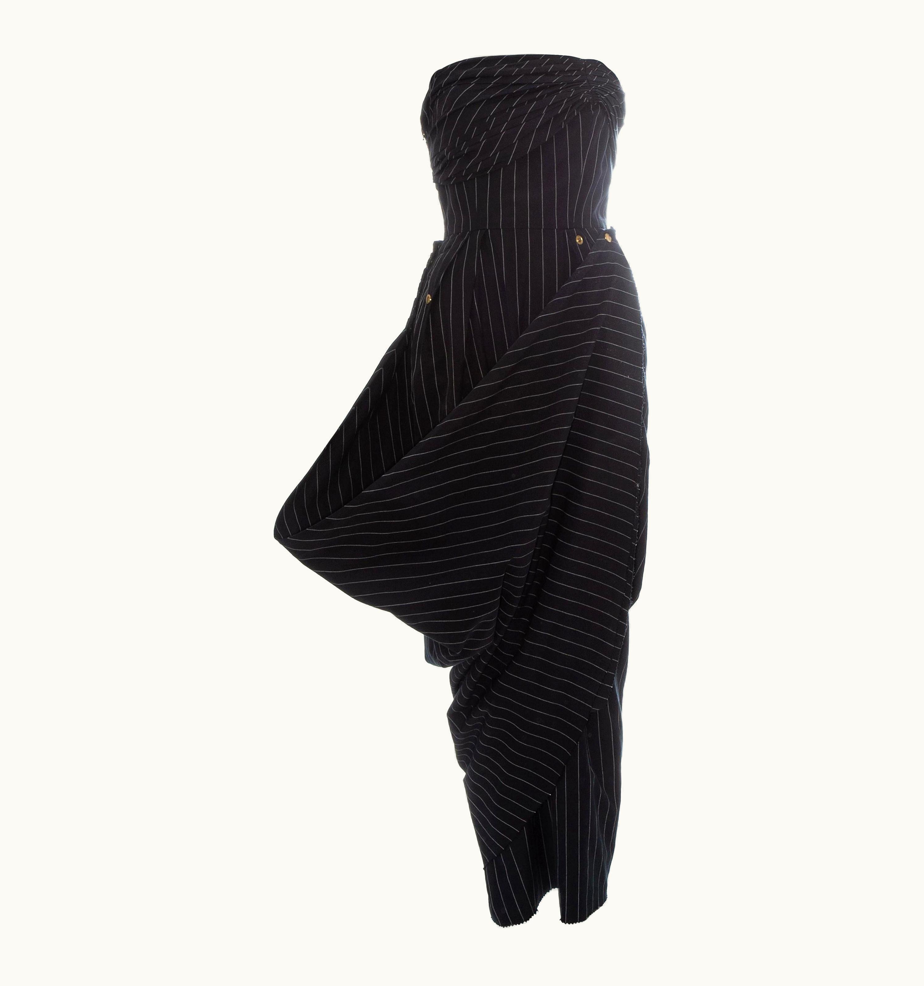 Jean-Paul Gaultier Jean Paul Gaultier Black Pinstripe Corseted Draped Strapless Dress, AW 1992