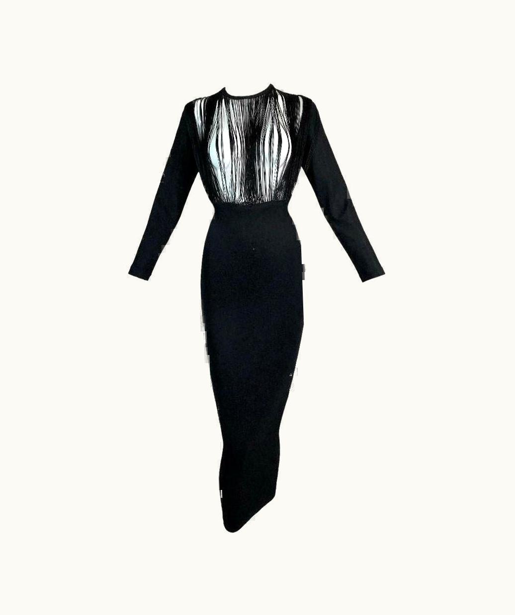 Jean-Paul Gaultier C. 1992 Jean Paul Gaultier Sheer Fringe Chest Bandage Bodycon Wiggle Dress