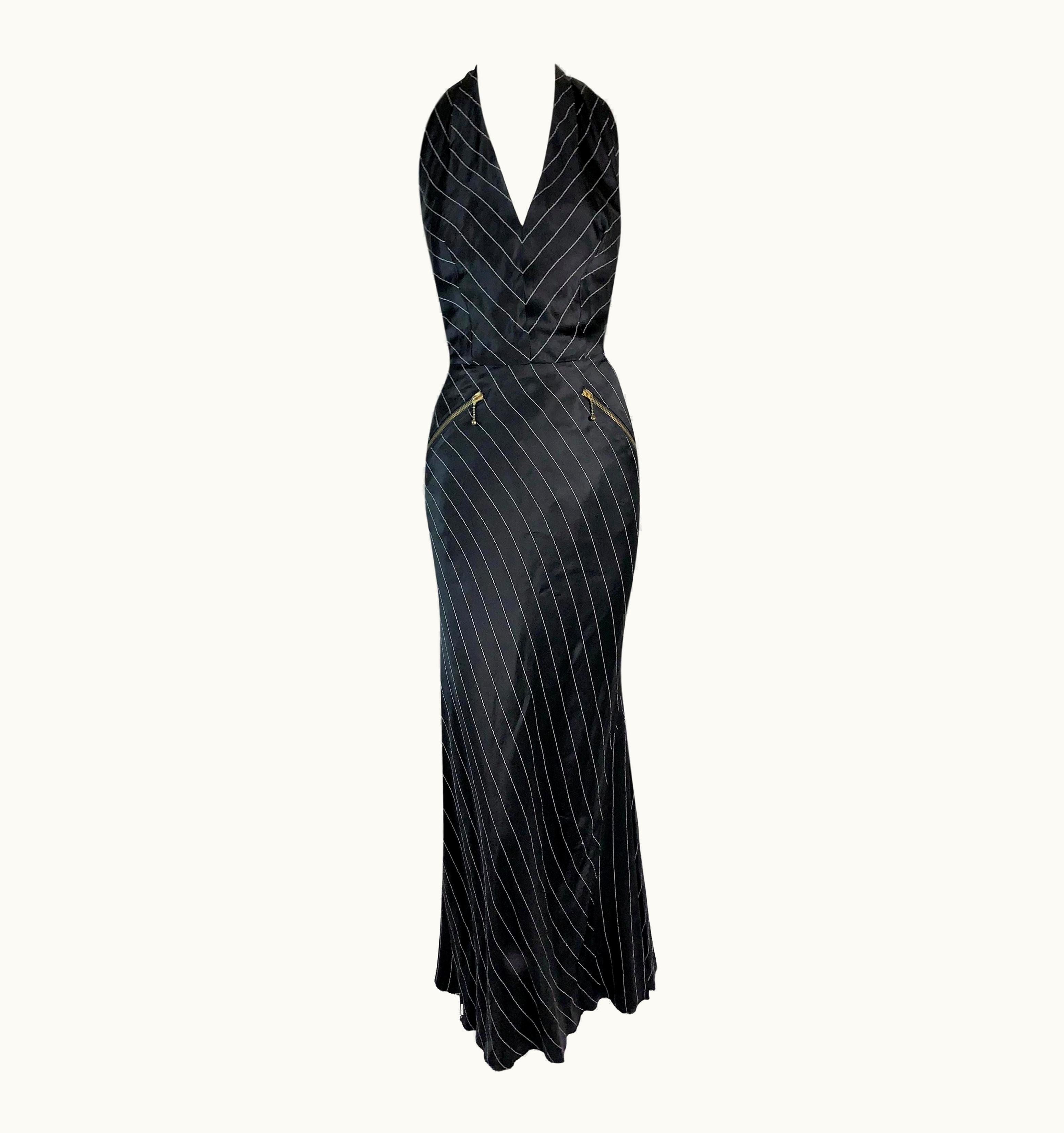 Jean-Paul Gaultier 1992 Jean Paul Gaultier Pinstripe V-Neck Full Zipper Black Mermaid Gown Dress UZ0596924
